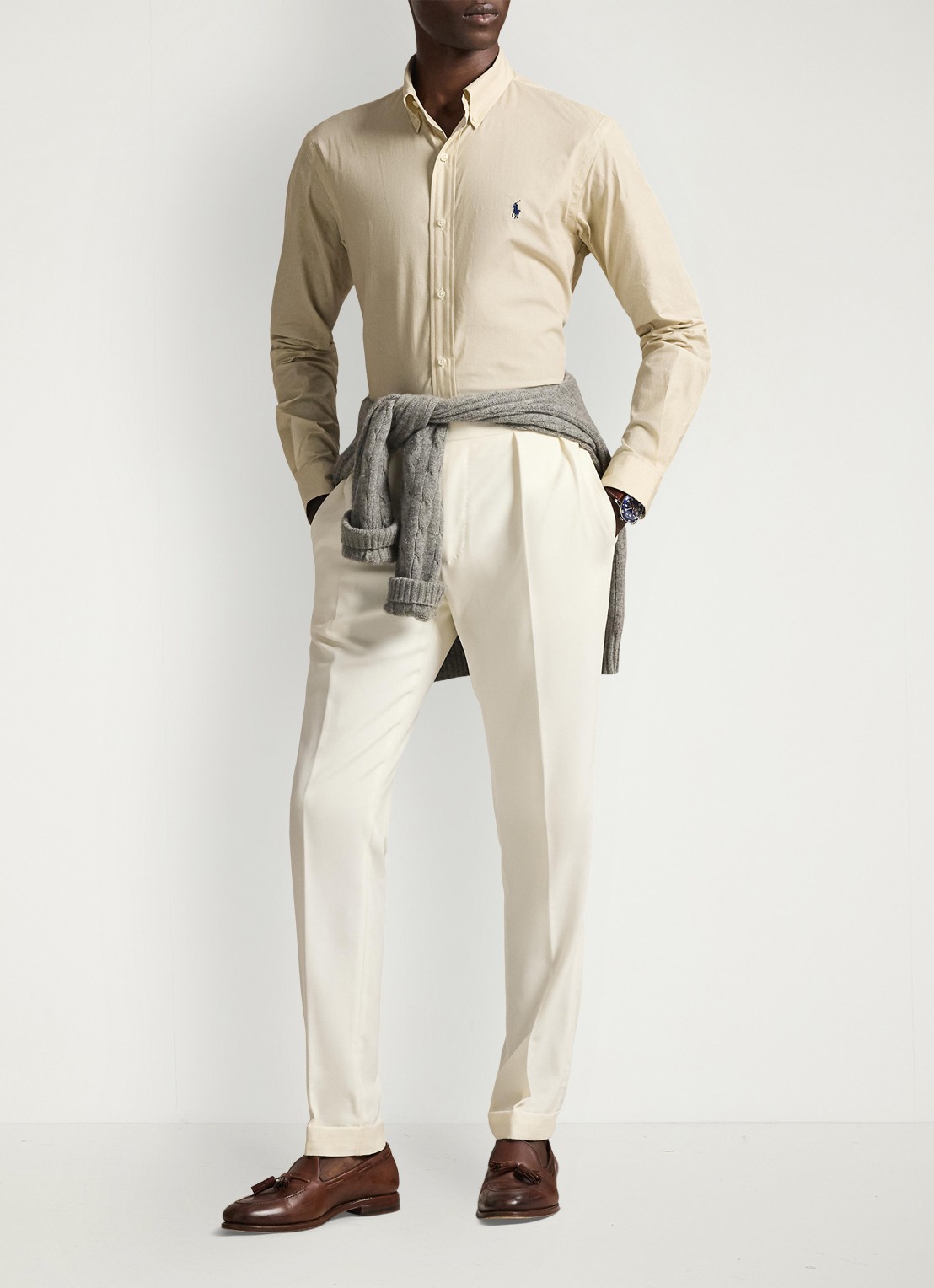Ralph Lauren Custom fit overhemd met stretch - voorkant 2 coastal beige / beige
