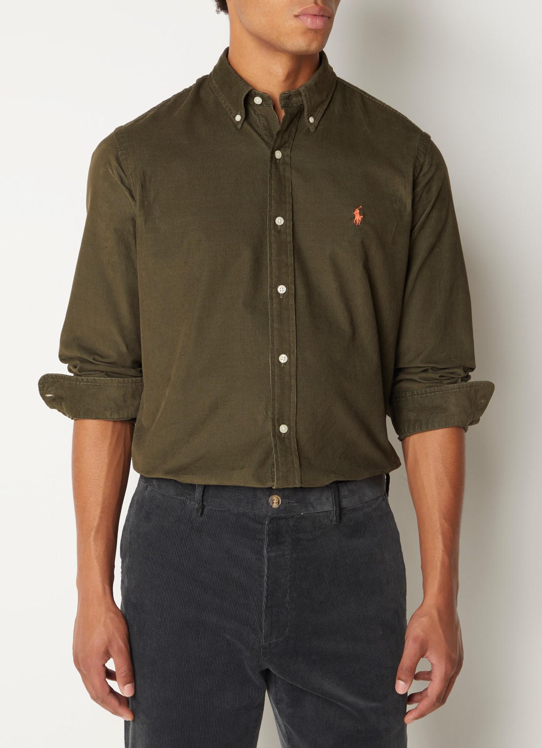 Ralph Lauren Custom fit overhemd van corduroy - detail college green / groen