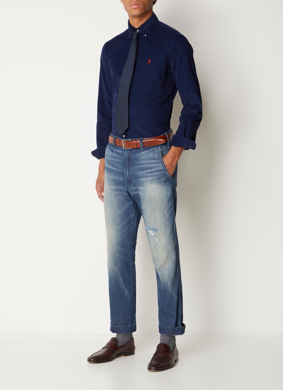 Ralph Lauren Custom fit overhemd van corduroy - voorkant 5 newport navy / blauw