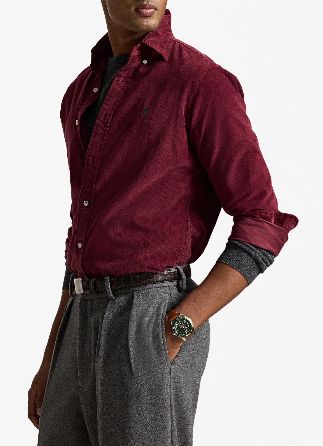 Ralph Lauren Custom fit overhemd van corduroy - voorkant 2 classic wine w/pine pp / wijnrood