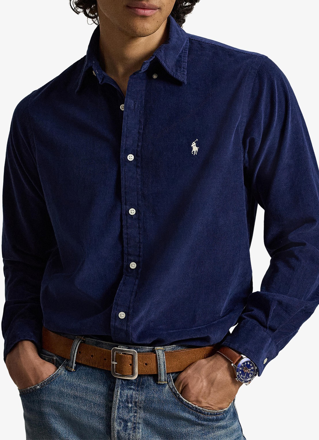 Ralph Lauren Custom fit overhemd van corduroy - voorkant 4 newport navy / white / donkerblauw