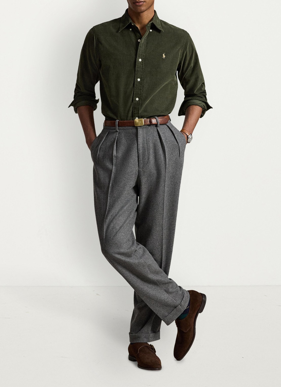 Ralph Lauren Custom fit overhemd van corduroy - detail 4 company olive w/khaki / olijfgroen