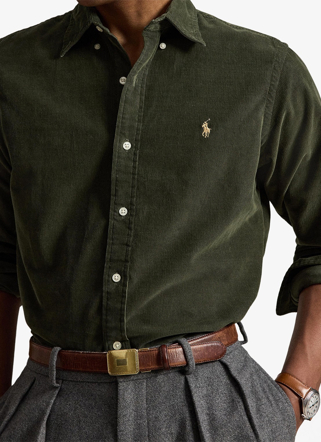 Ralph Lauren Custom fit overhemd van corduroy - detail 5 company olive w/khaki / olijfgroen