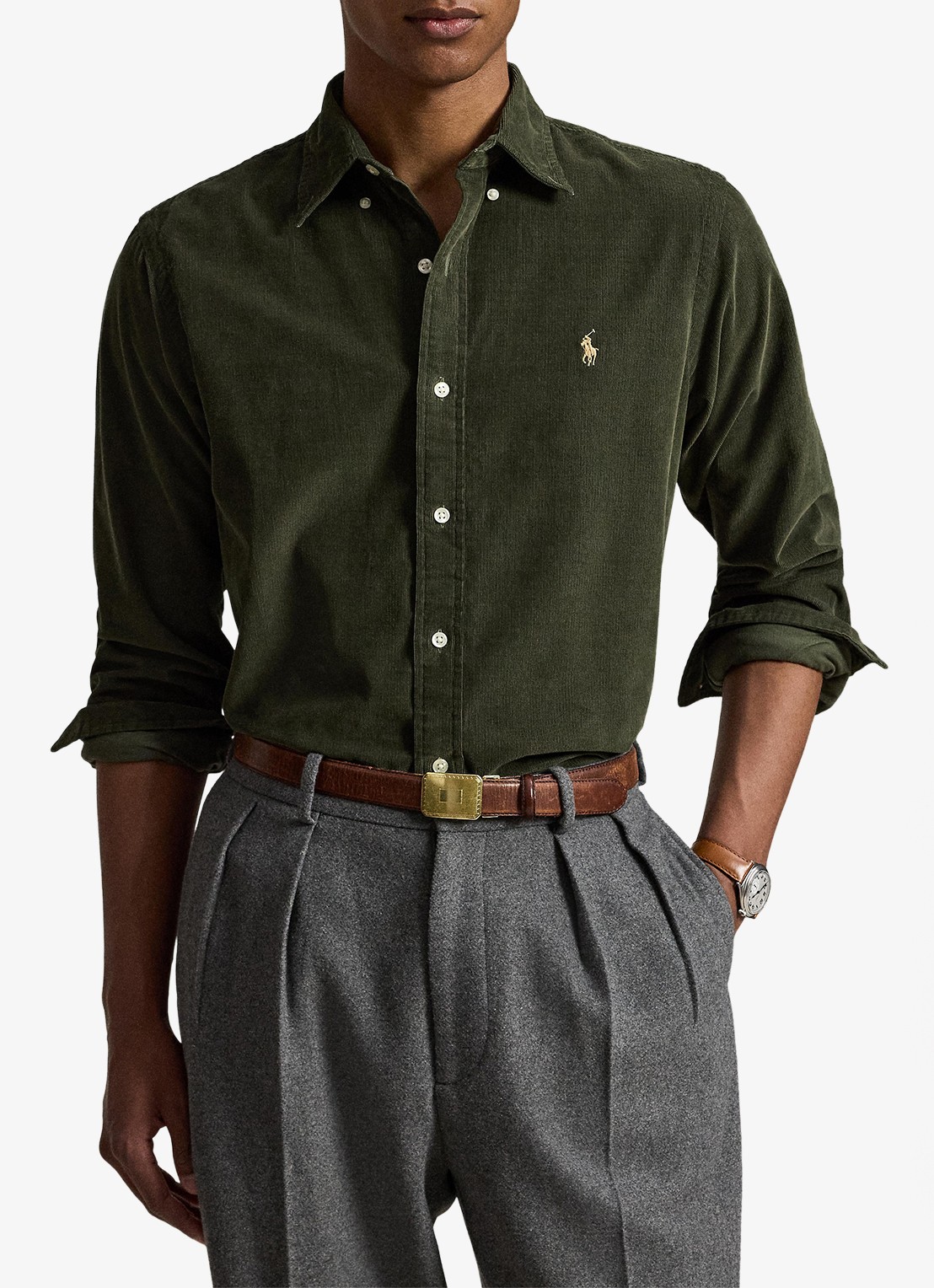 Ralph Lauren Custom fit overhemd van corduroy - voorkant 3 company olive w/khaki / olijfgroen