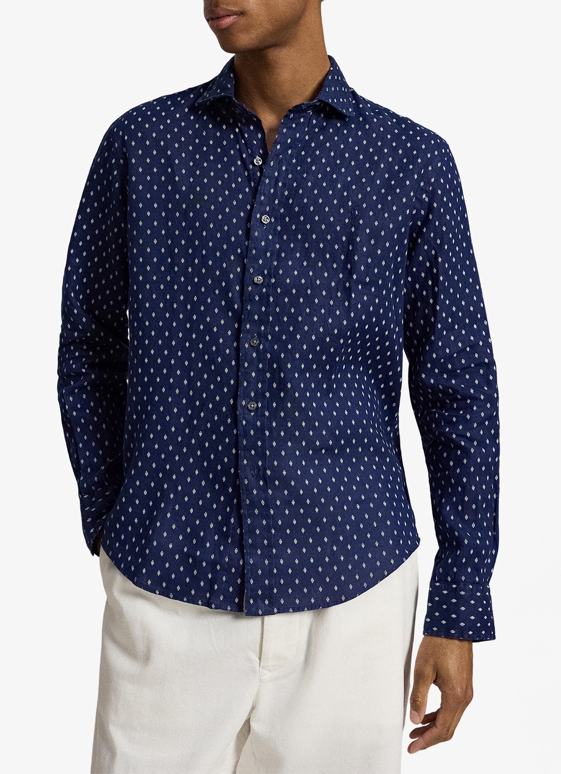 Ralph Lauren Custom fit overhemd van linnen met geometrische print - voorkant 5 newport geo / donkerblauw