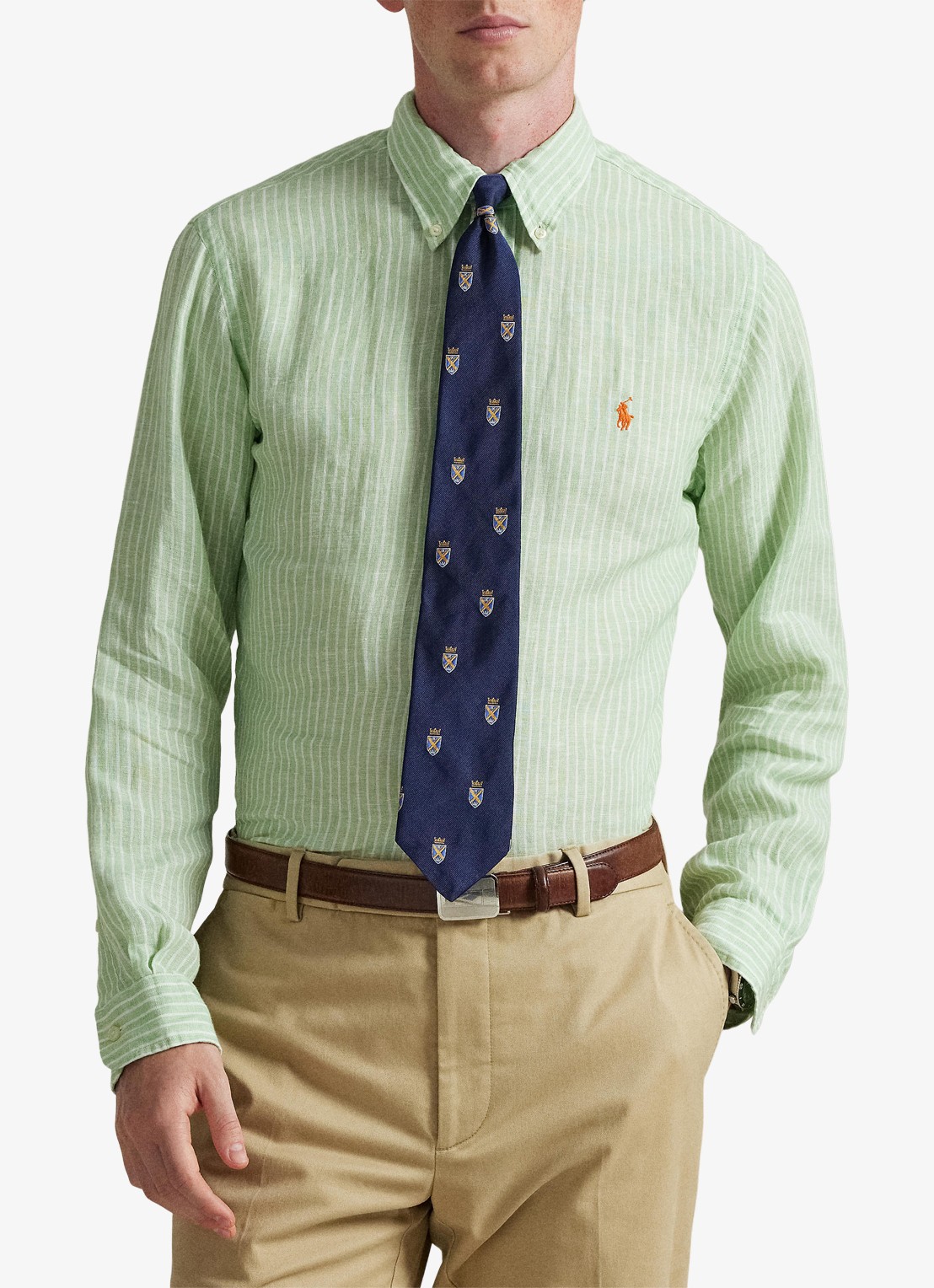 Ralph Lauren Custom fit overhemd van linnen met streepprint - voorkant 5 7188f essex green white-zykc