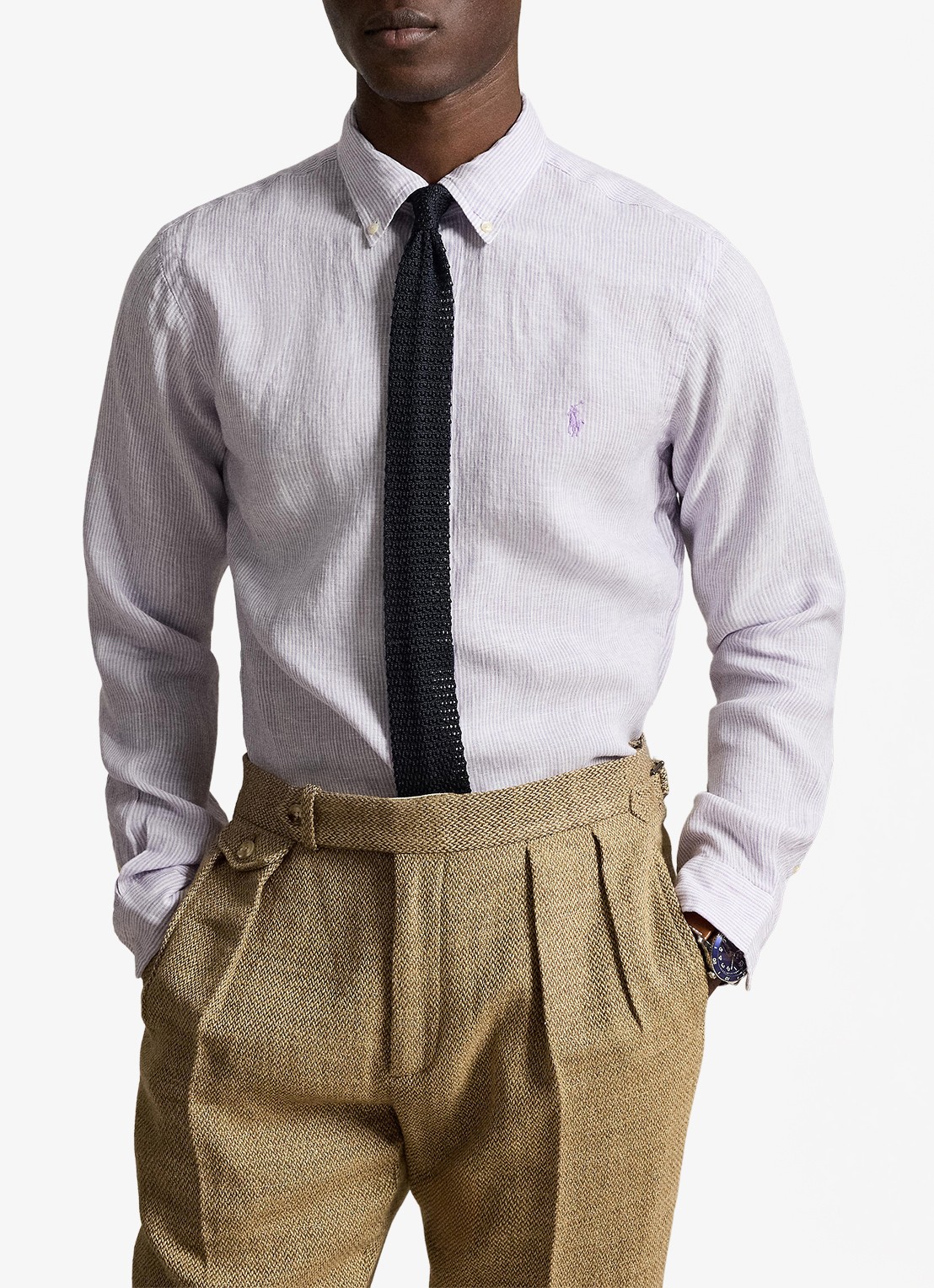 Ralph Lauren Custom fit overhemd van linnen met streepprint - detail powder purple/white / paars