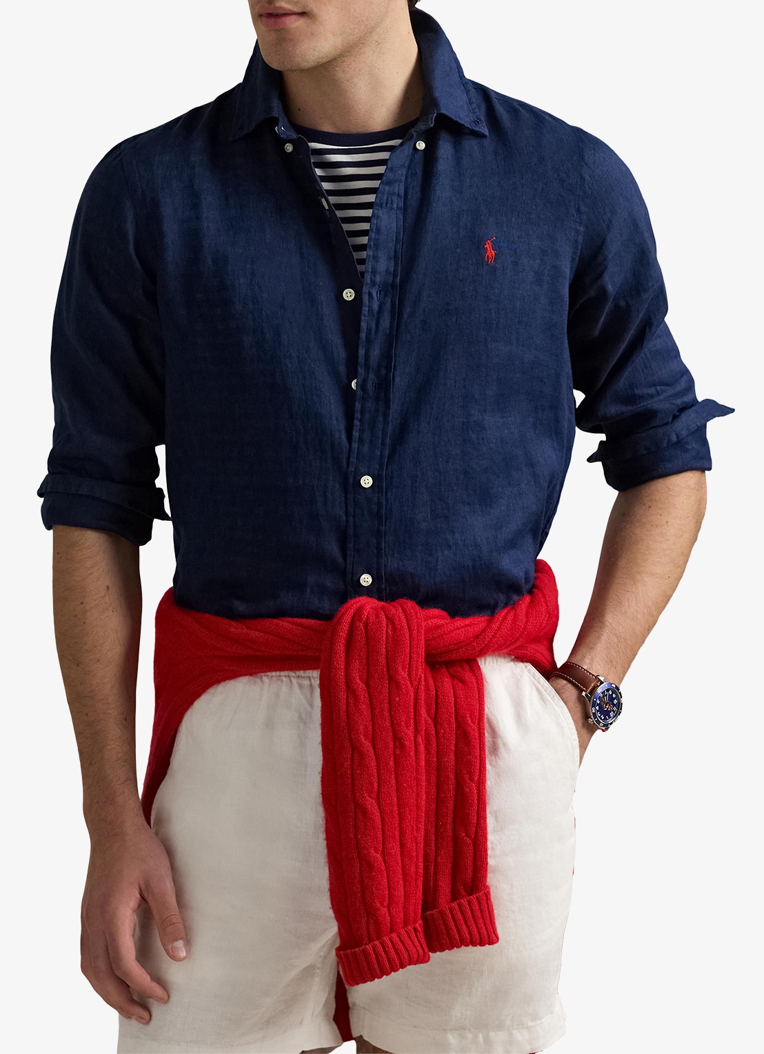 Ralph Lauren Custom Fit overhemd van linnen - detail 6 newport navy / donkerblauw