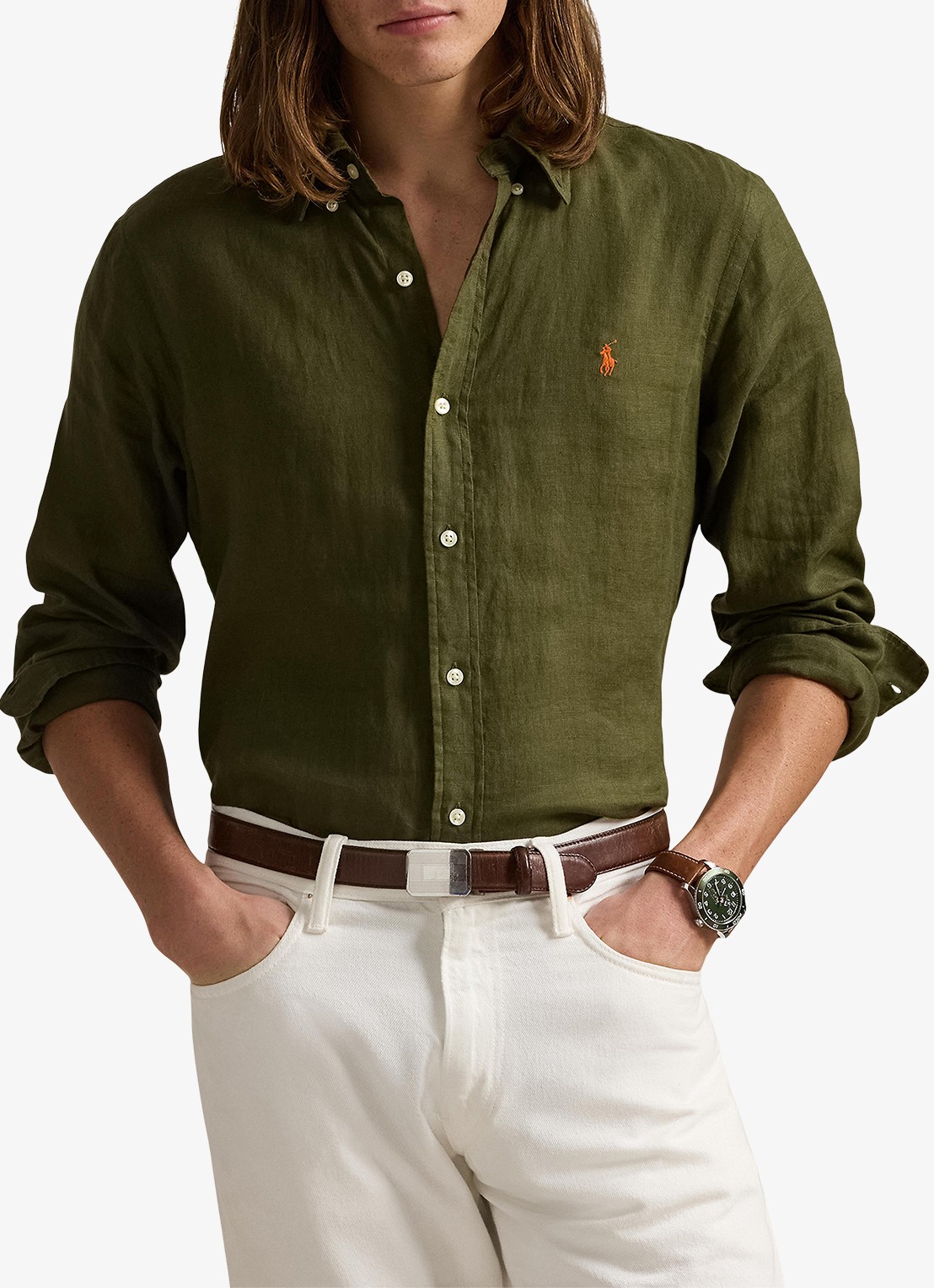 Ralph Lauren Custom Fit overhemd van linnen - detail 4 new olive / olijfgroen