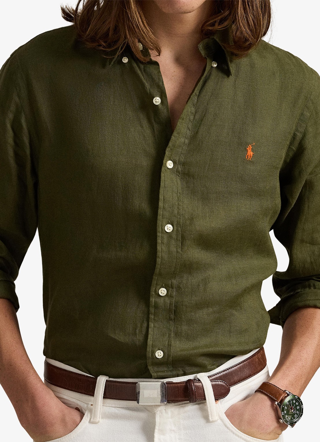 Ralph Lauren Custom Fit overhemd van linnen - detail 5 new olive / olijfgroen
