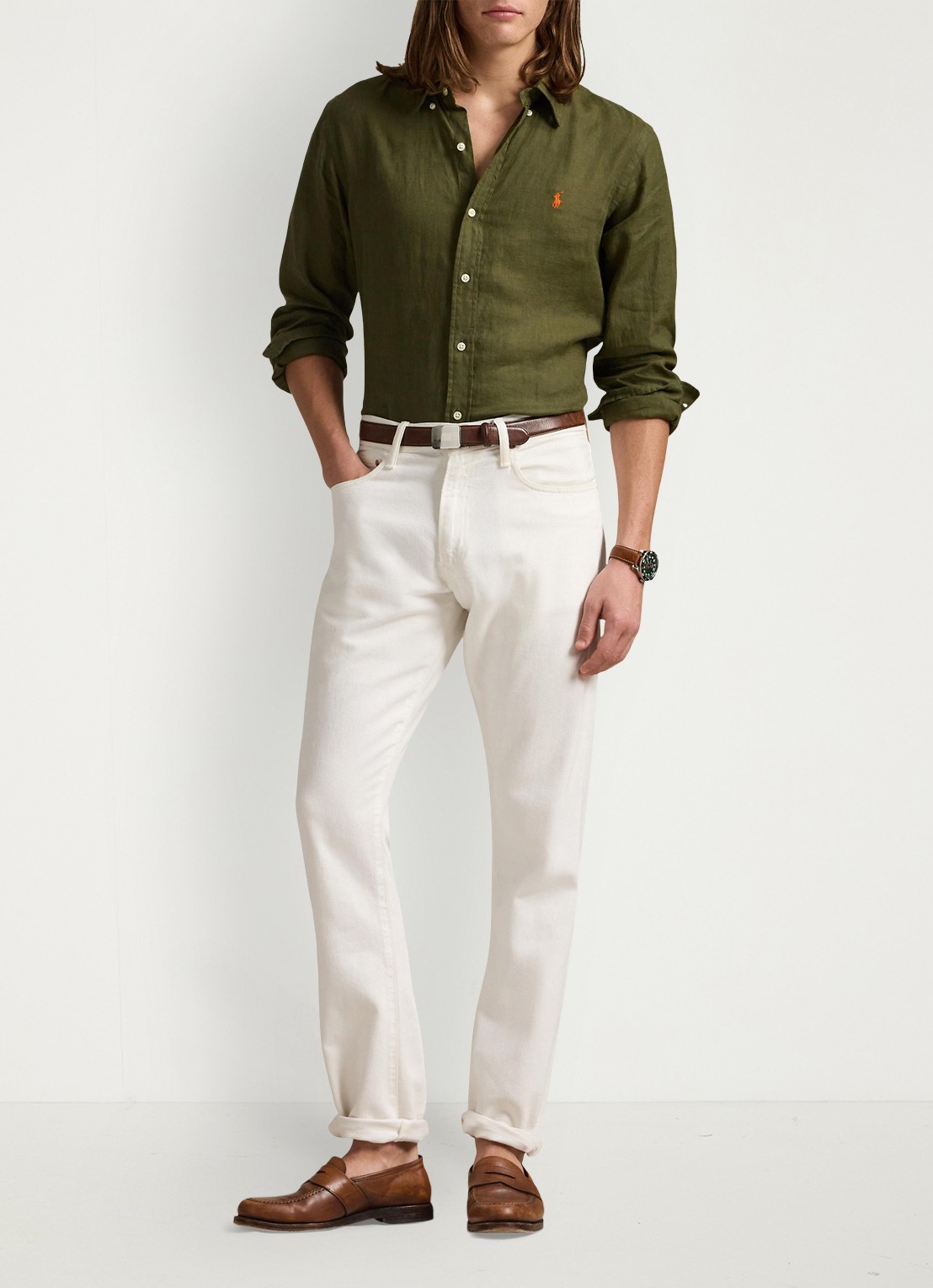 Ralph Lauren Custom Fit overhemd van linnen - voorkant 3 new olive / olijfgroen