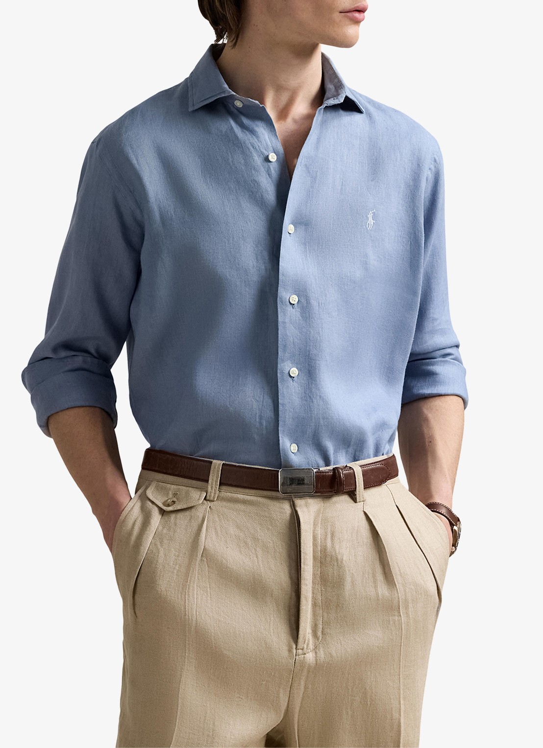 Ralph Lauren Custom Fit overhemd van linnen - detail channel blue / blauw