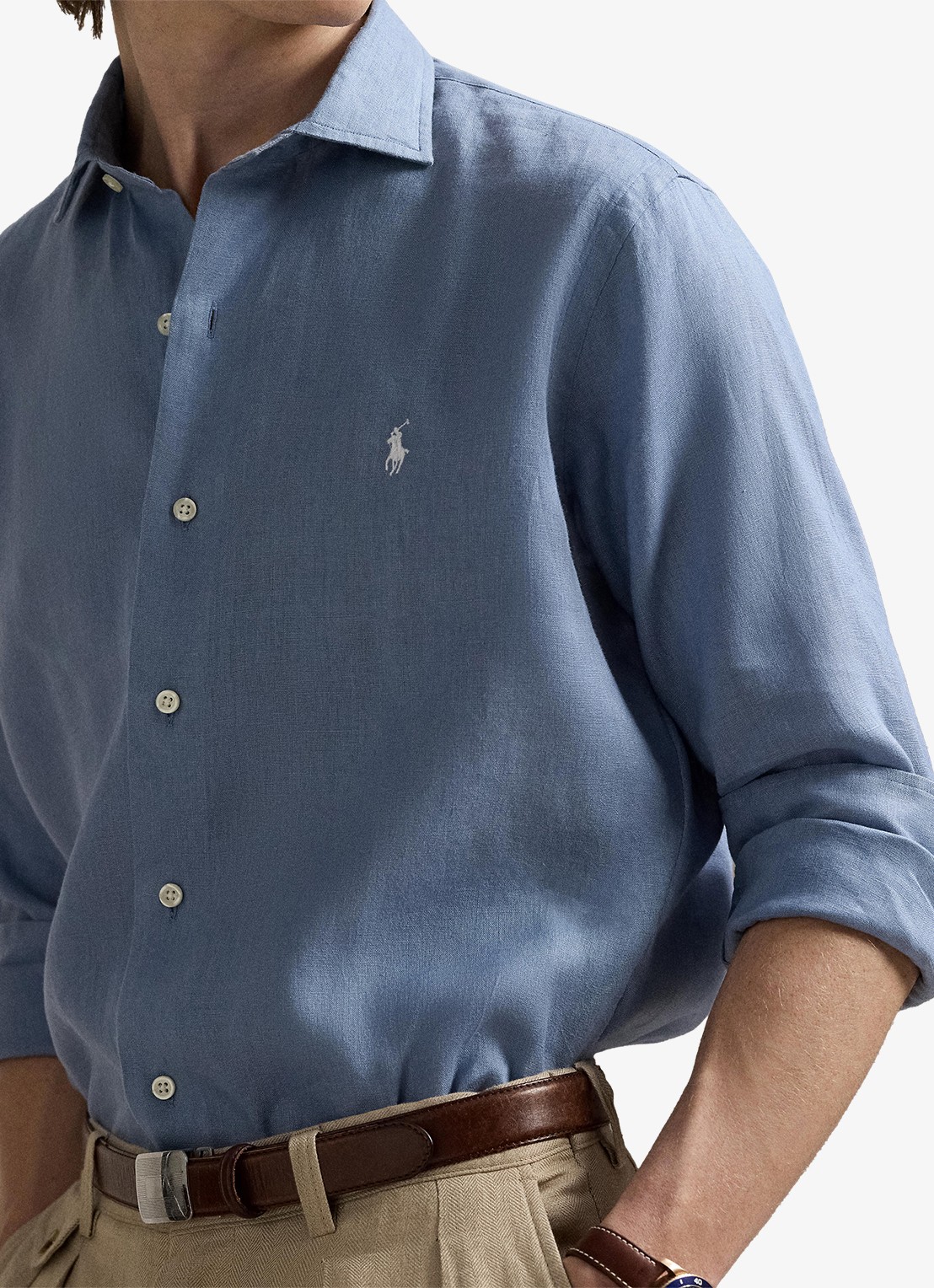 Ralph Lauren Custom Fit overhemd van linnen - detail 2 channel blue / blauw