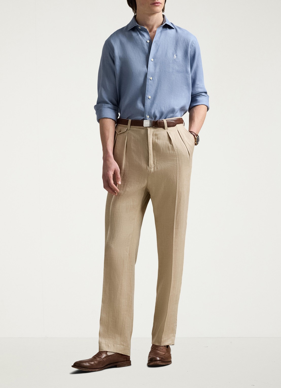 Ralph Lauren Custom Fit overhemd van linnen - voorkant 4 channel blue / blauw