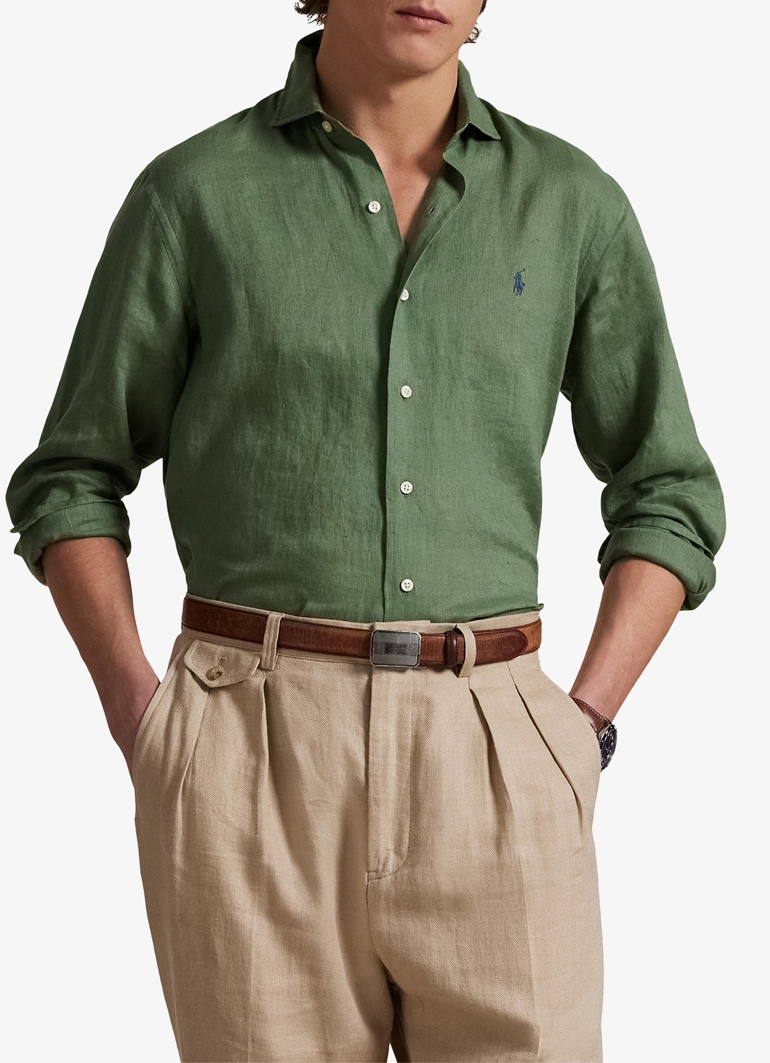 Ralph Lauren Custom Fit overhemd van linnen - detail 2 fatigue / groen