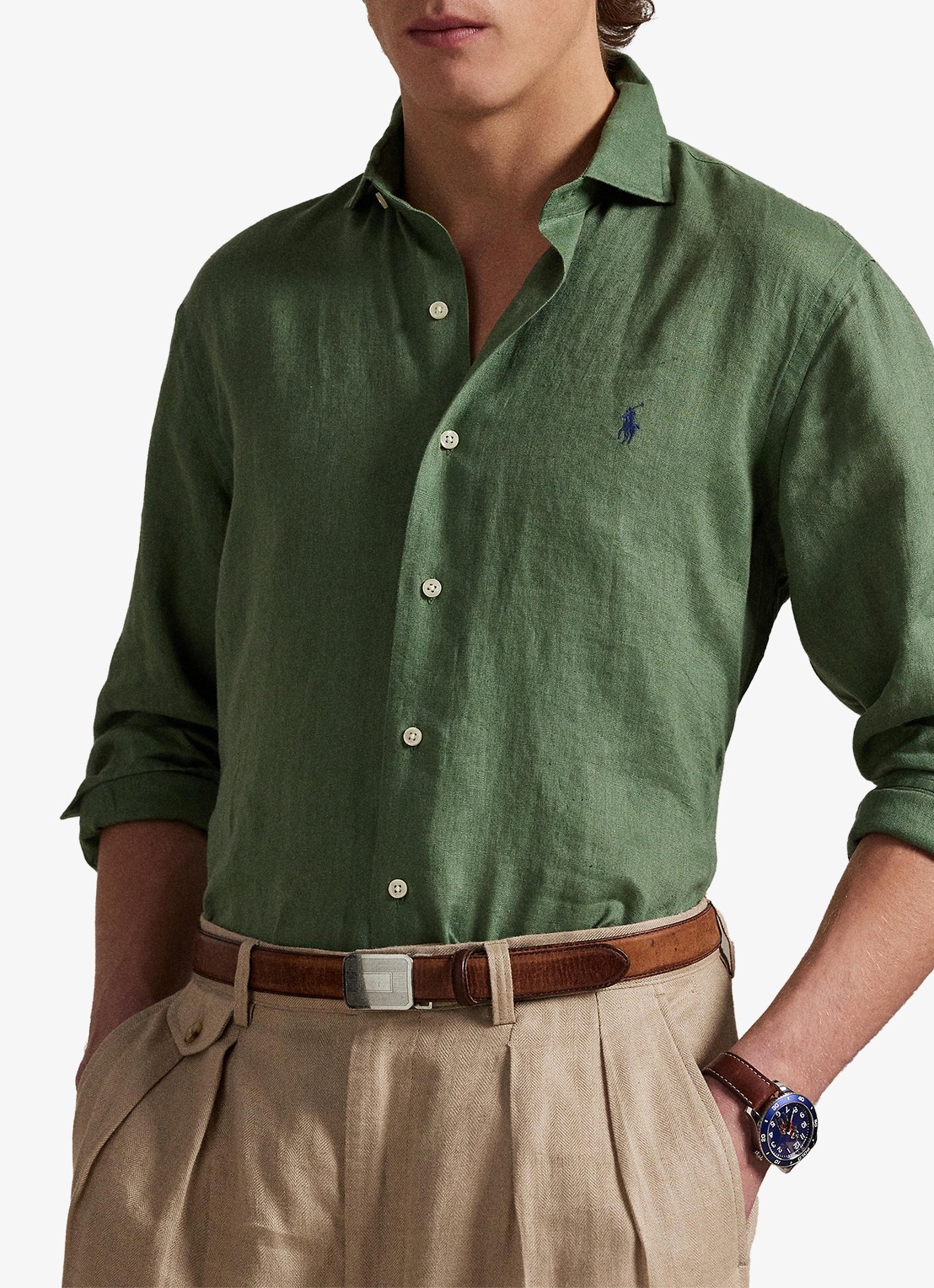 Ralph Lauren Custom Fit overhemd van linnen - detail 3 fatigue / groen