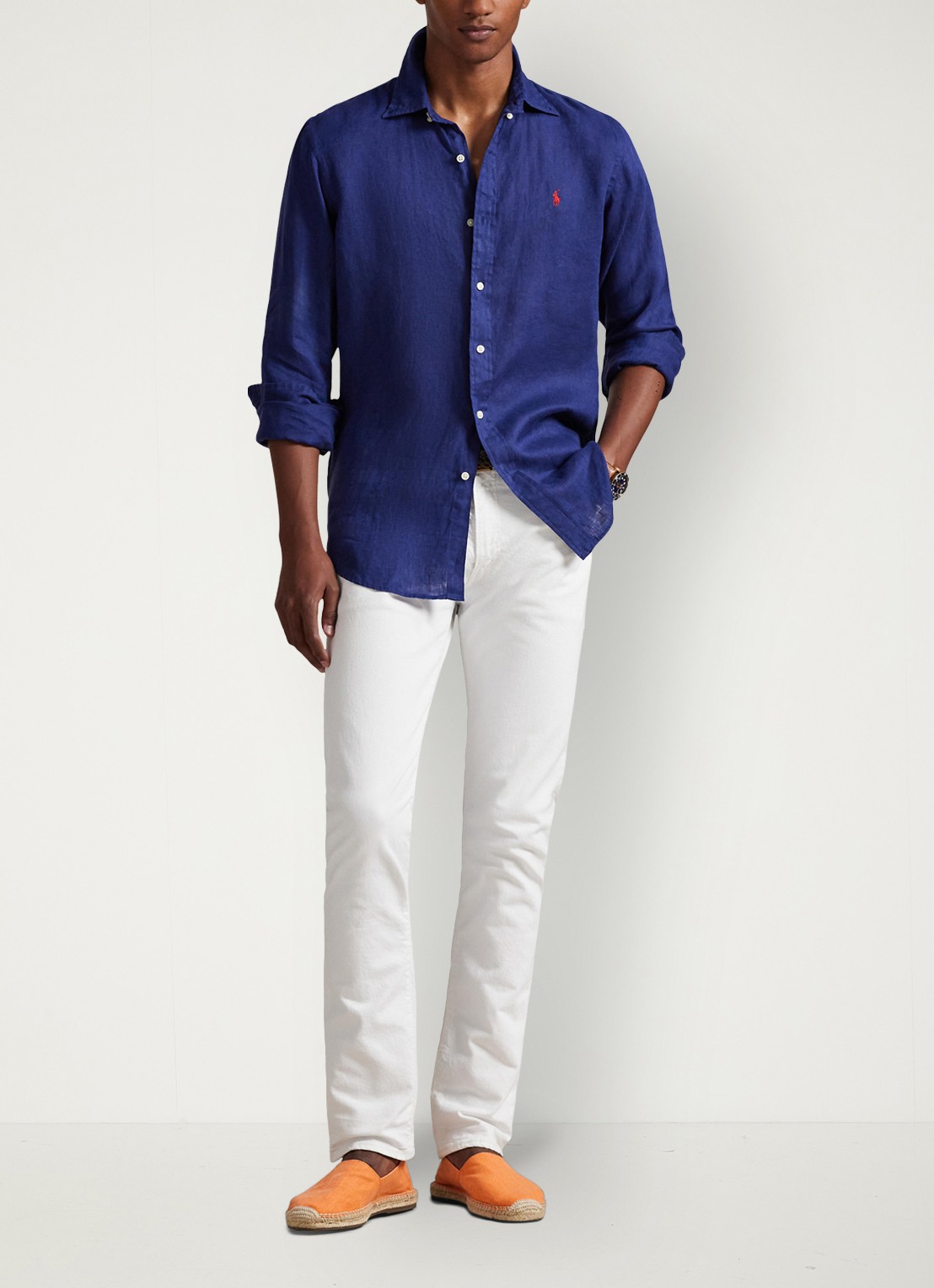 Ralph Lauren Custom Fit overhemd van linnen - voorkant 3 new classic navy / donkerblauw