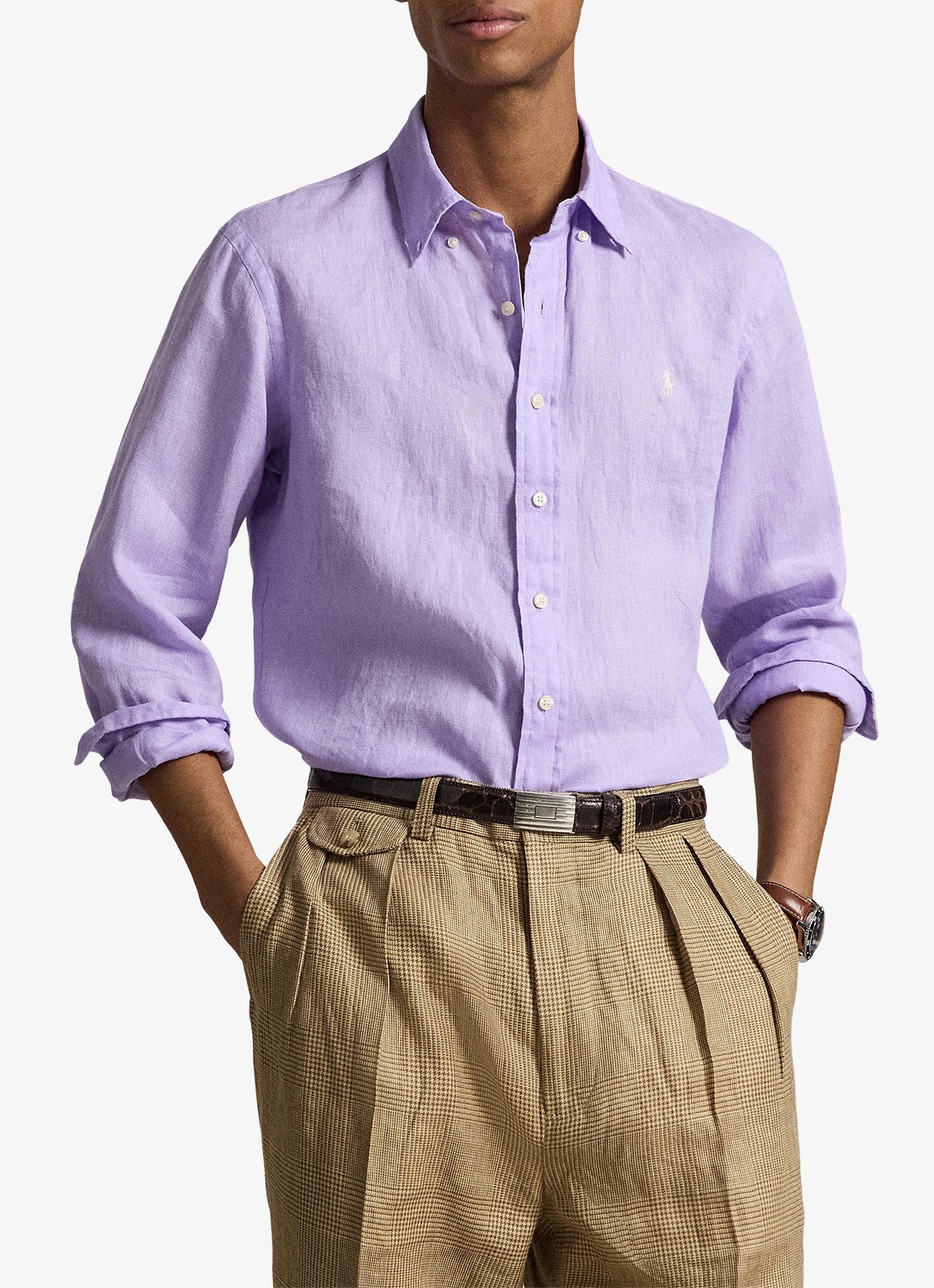 Ralph Lauren Custom Fit overhemd van linnen - voorkant 4 powder purple/cream pp-zy4d