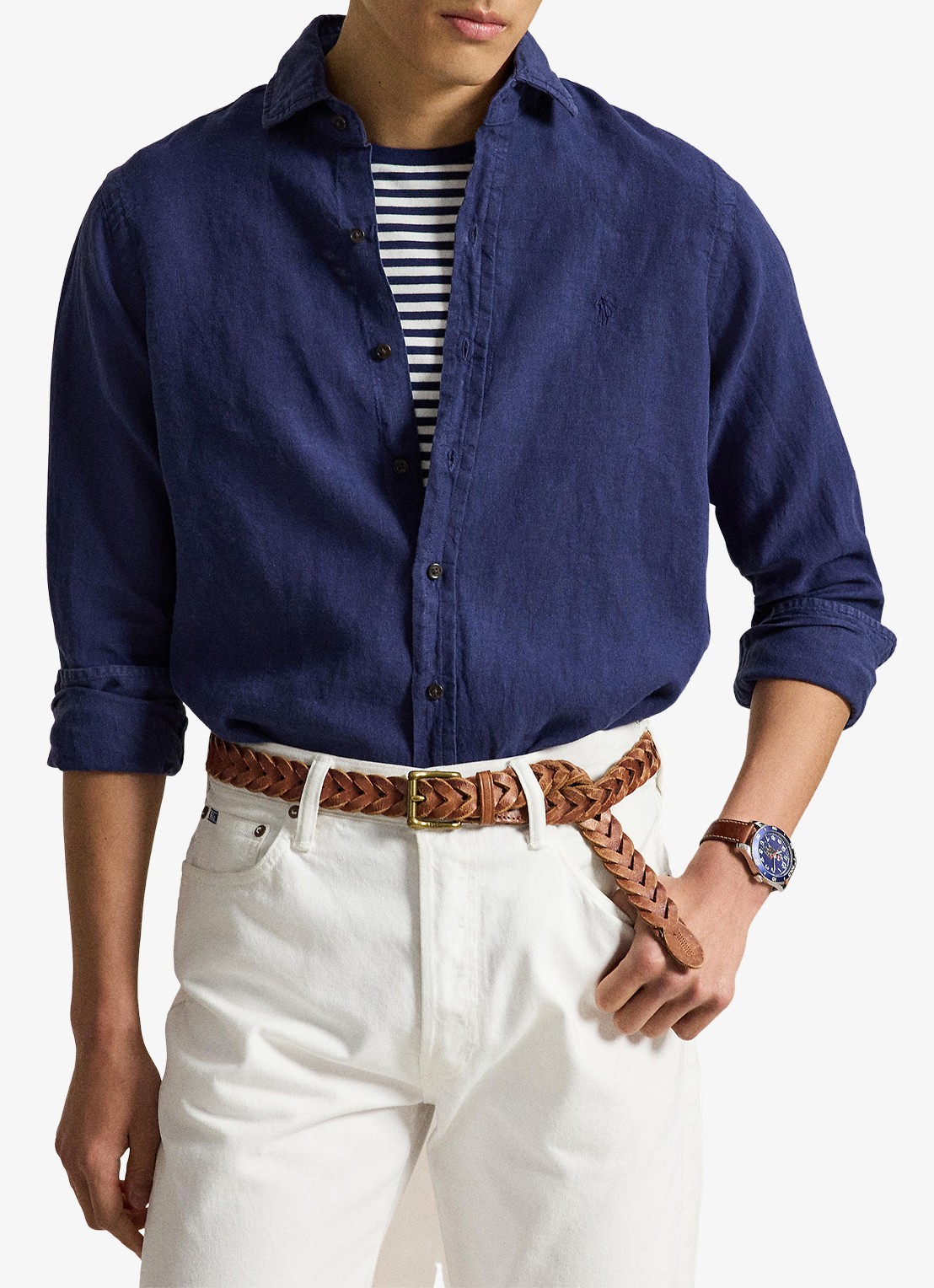 Ralph Lauren Custom fit overhemd van linnen - voorkant 2 newport navy / donkerblauw