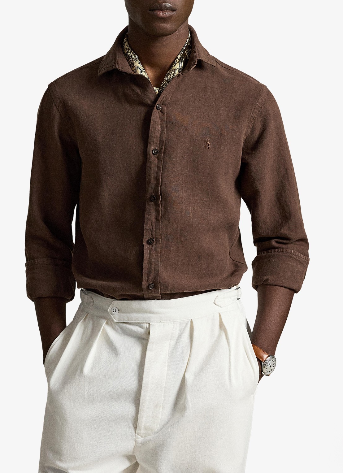 Ralph Lauren Custom fit overhemd van linnen - voorkant 3 nutmeg brwn / bruin