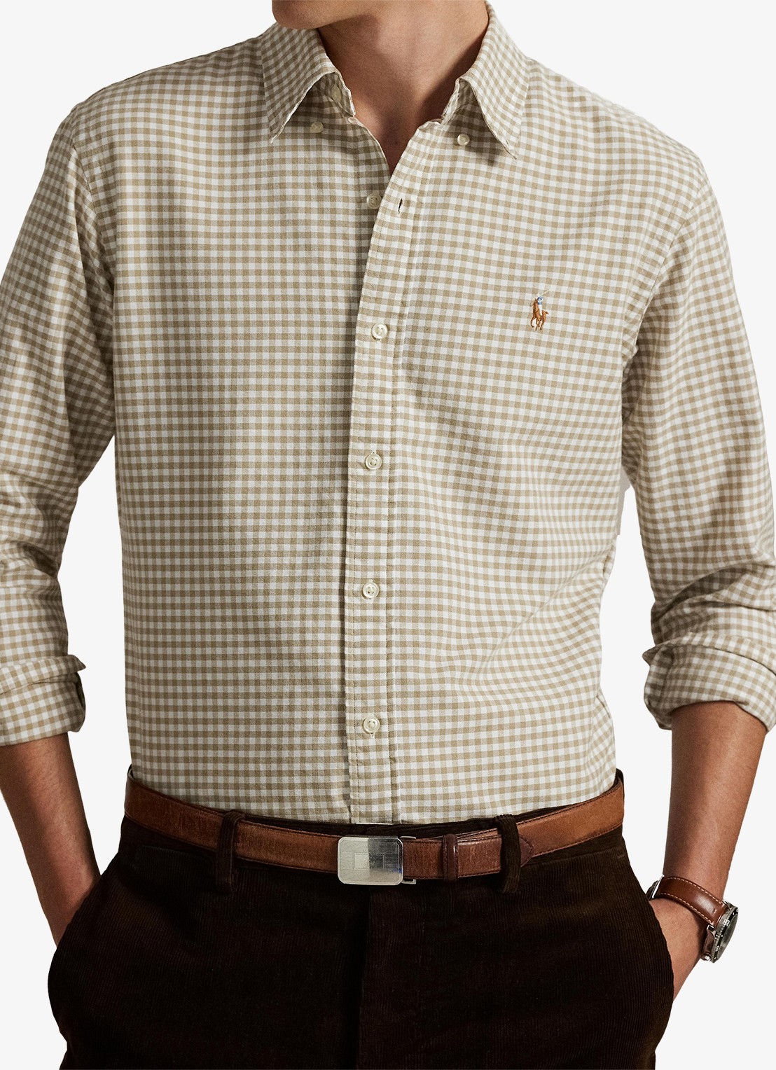 Ralph Lauren Custom fit Oxford overhemd met ruitdessin - detail 5 coastal beige/white / beige