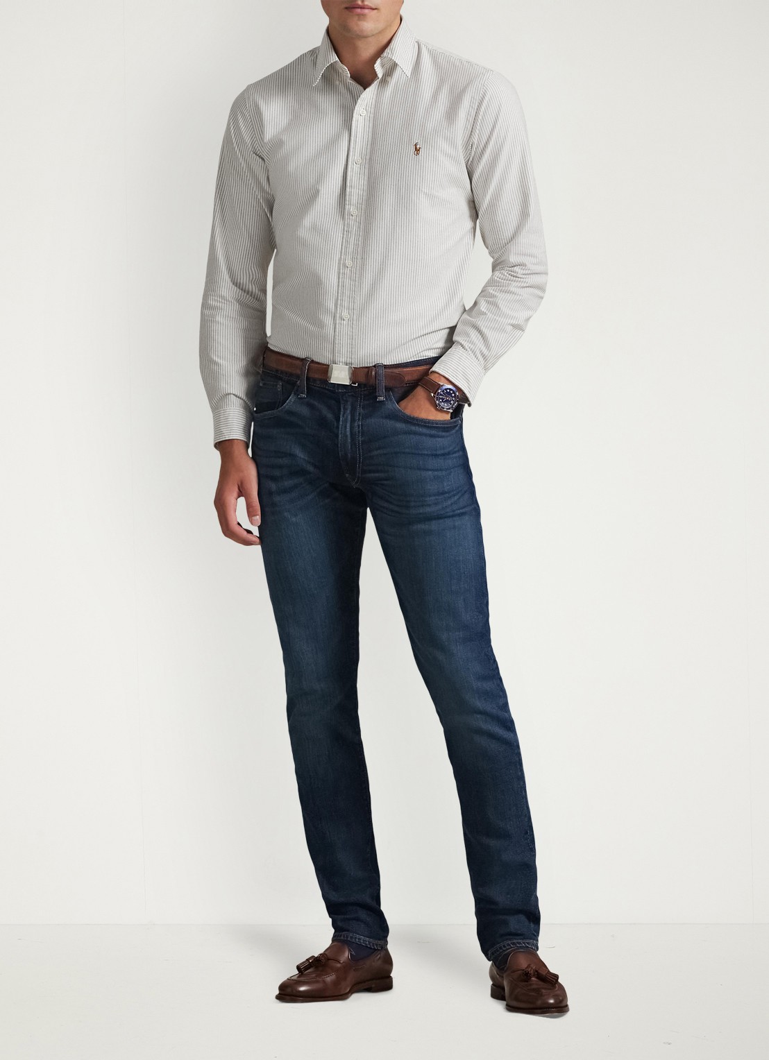 Ralph Lauren Custom fit Oxford overhemd met streepprint - voorkant 3 pale russet / grijs