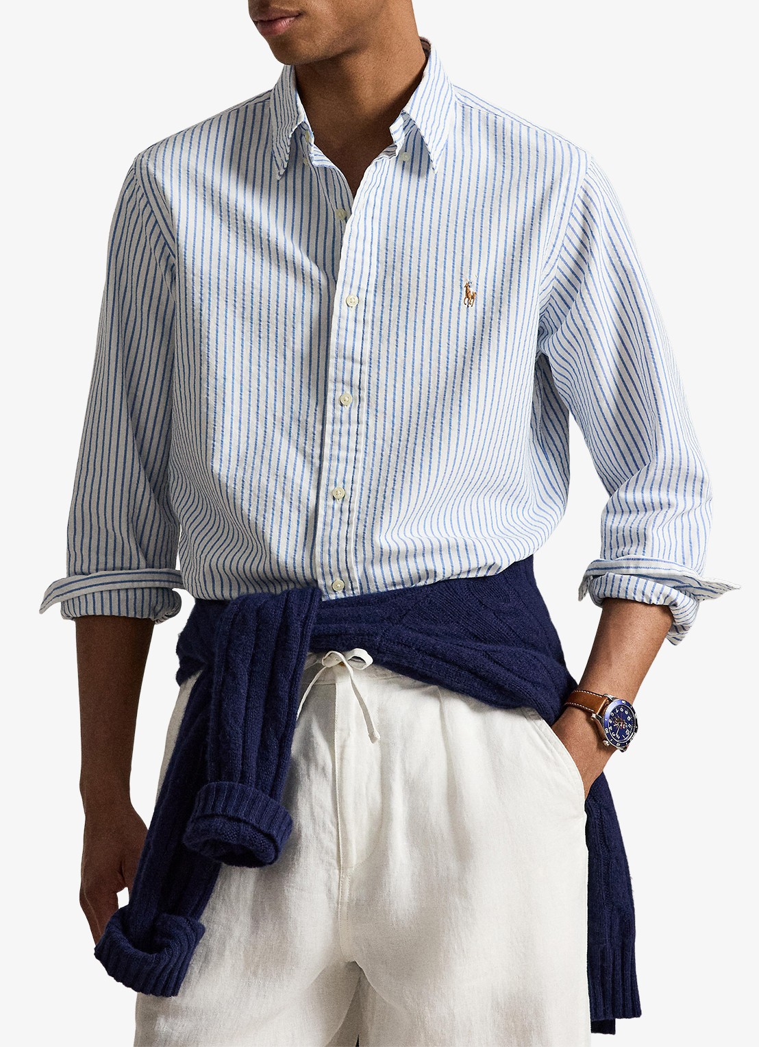 Ralph Lauren Custom fit Oxford overhemd met streepprint - detail 3 white bsr blue / lichtblauw