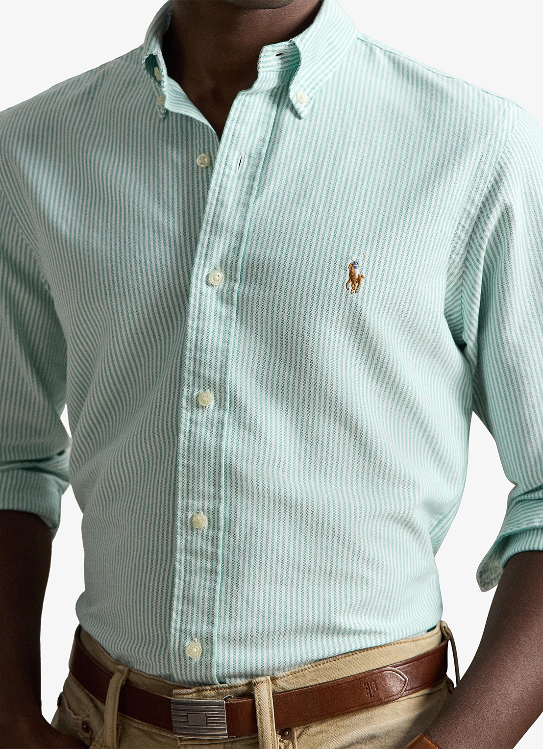 Ralph Lauren Custom fit Oxford overhemd met streepprint - detail 2 scarab green white / groen