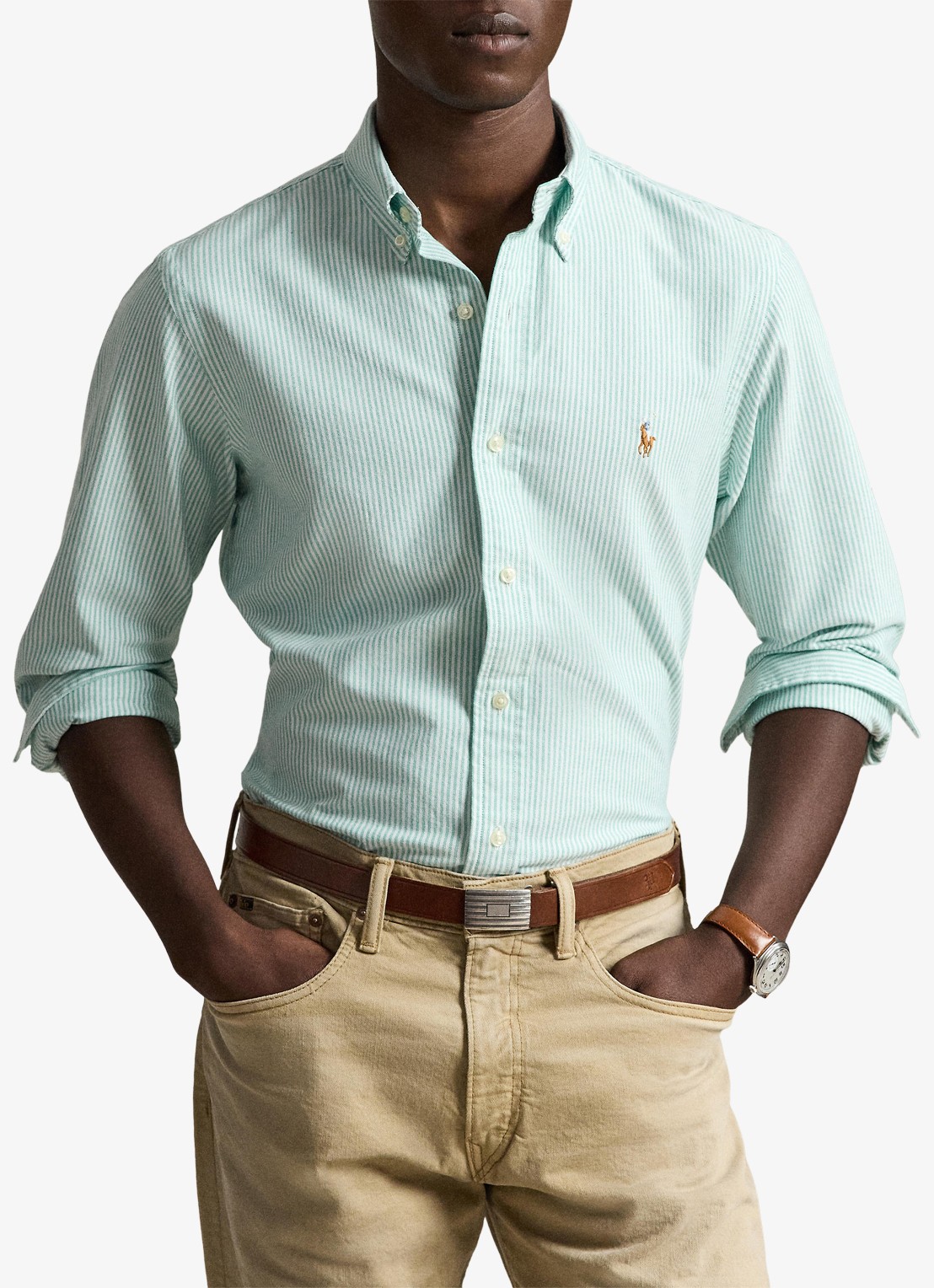 Ralph Lauren Custom fit Oxford overhemd met streepprint - voorkant 4 scarab green white / groen