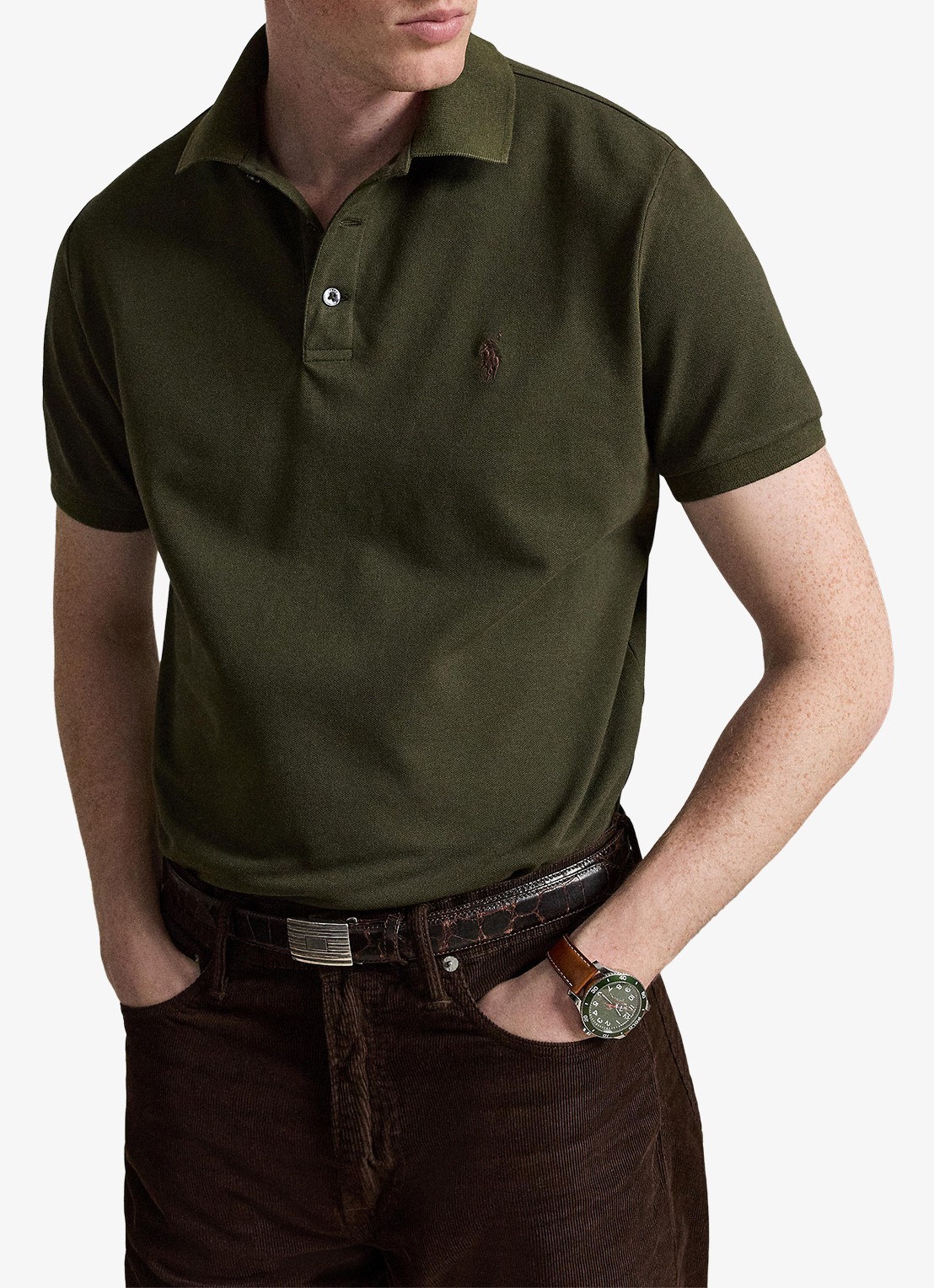 Ralph Lauren Custom slim fit polo met stretch - voorkant 5 company olive/smoke / olijfgroen