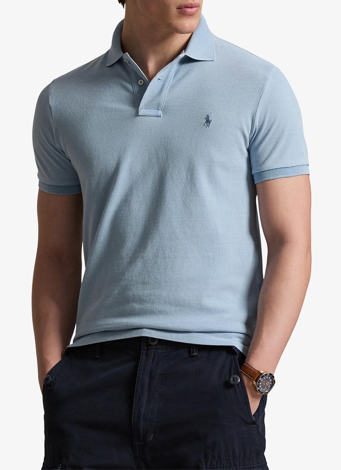 Ralph Lauren Custom slim fit polo van piqué katoen met logo - detail light indigo / lichtblauw