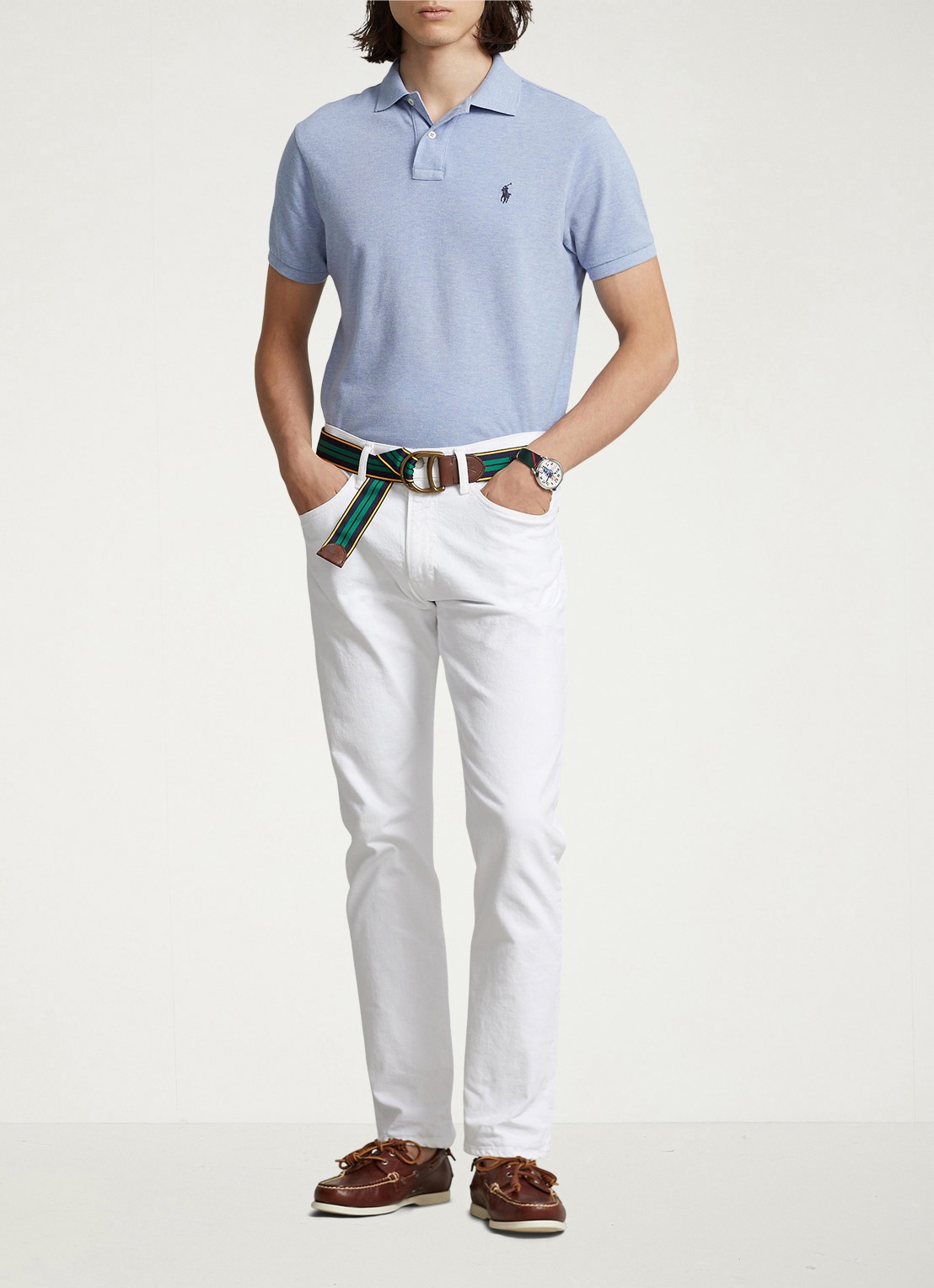 Ralph Lauren Custom slim fit polo van piqué katoen met logoborduring - voorkant 4 jamaica heather / lichtblauw