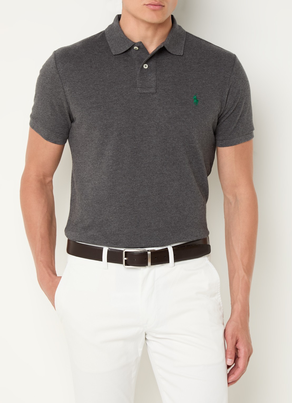 Ralph Lauren Custom slim fit polo van piqué katoen met logoborduring - detail 4 lichtgrijs