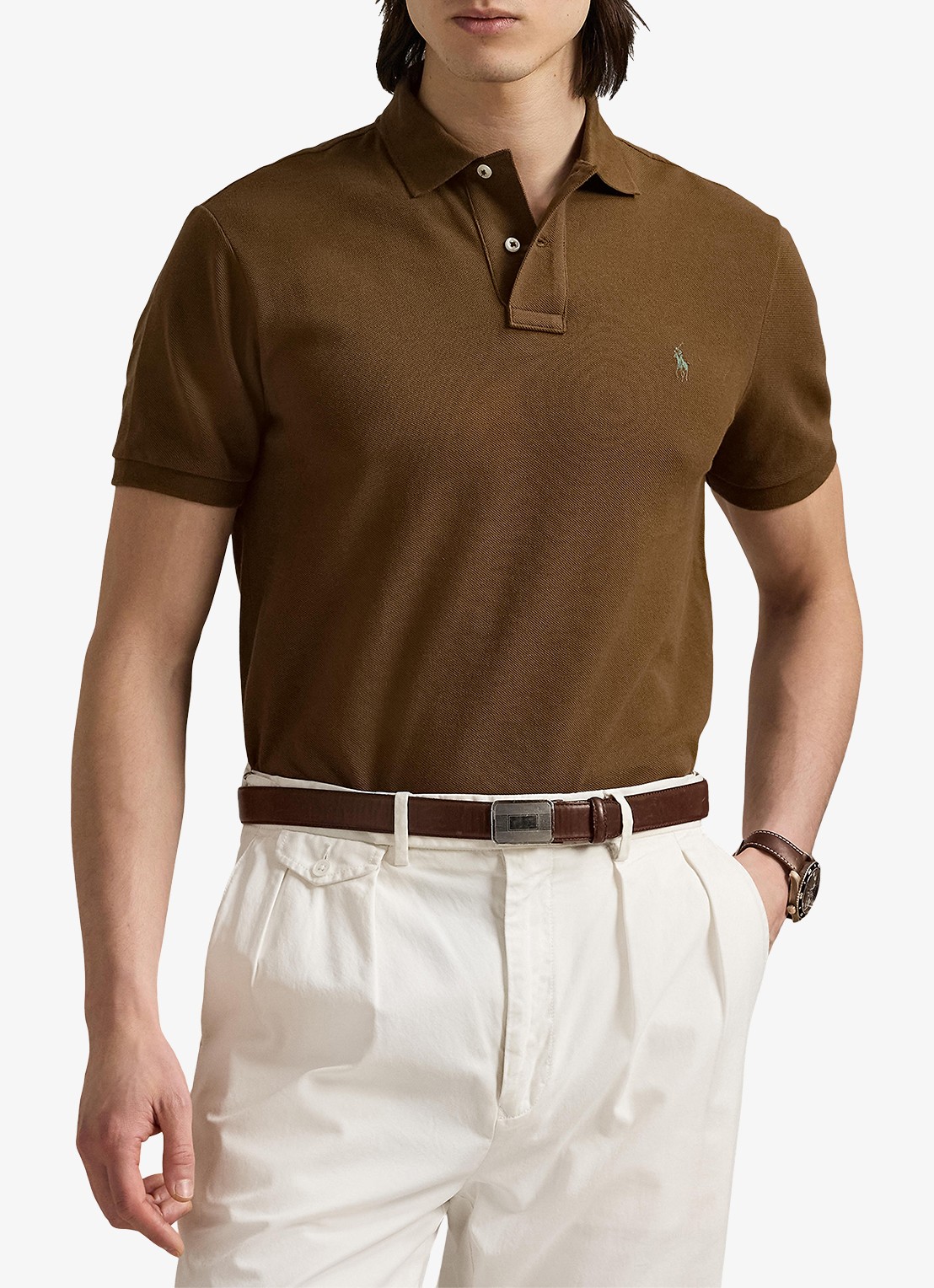 Ralph Lauren Custom slim fit polo van piqué katoen - detail nature brown / bruin