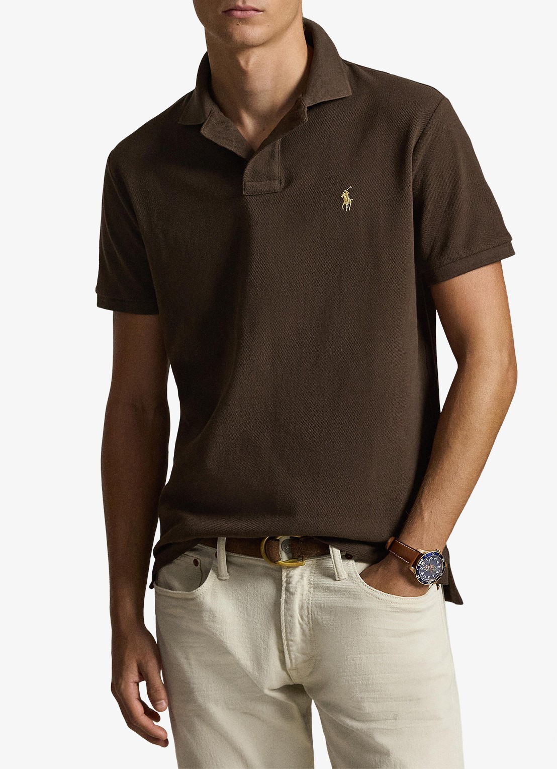 Ralph Lauren Custom slim fit polo van piqué katoen - voorkant 5 nutmeg brown / bruin