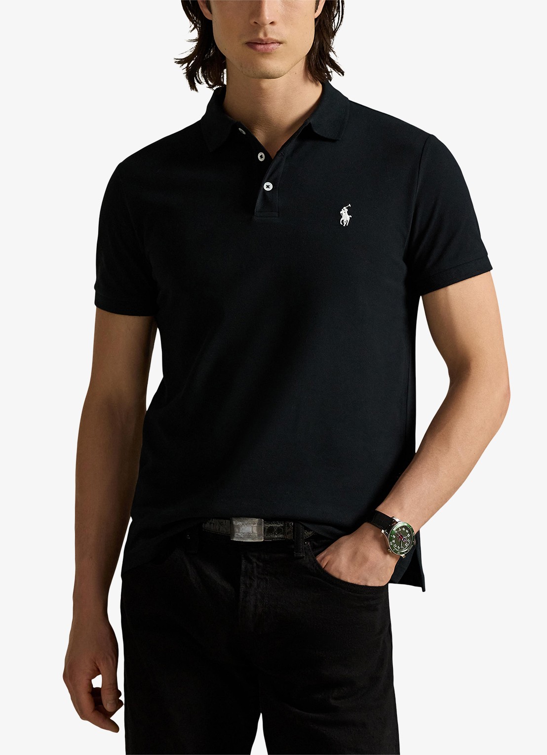 Ralph Lauren Custom slim fit stretch mesh Polo-shirt - detail 4 polo black / zwart