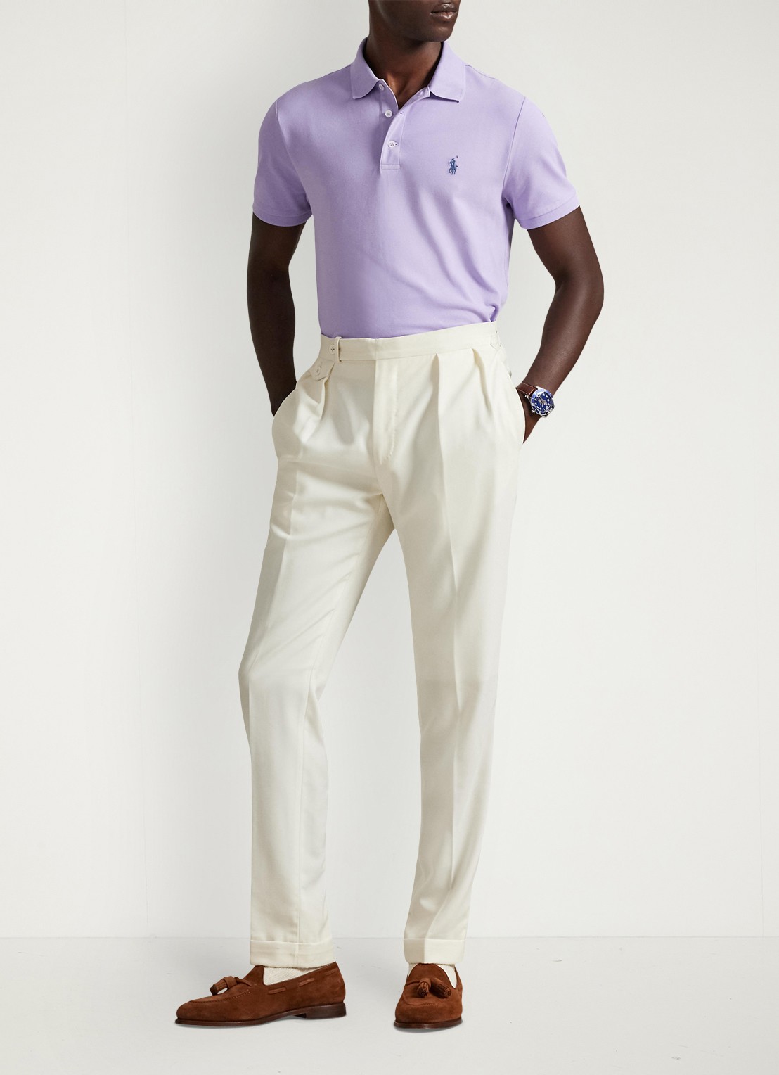 Ralph Lauren Custom slim fit stretch mesh Polo-shirt - voorkant 2 powder purple / lichtpaars