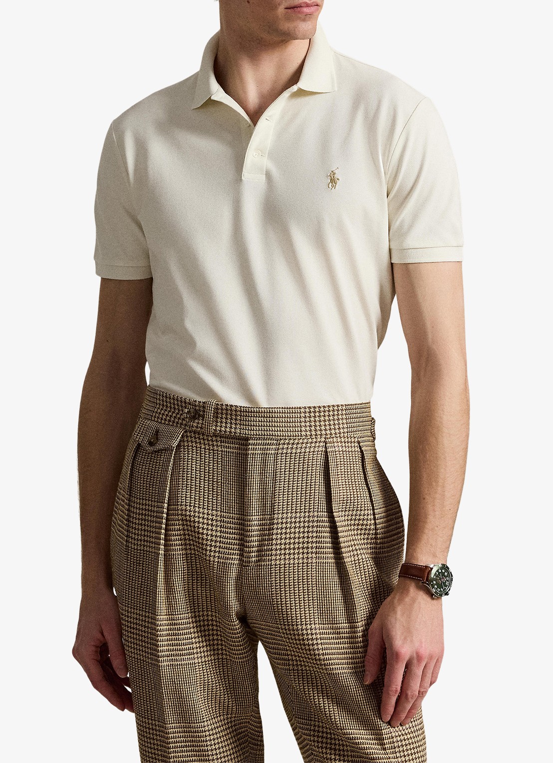 Ralph Lauren Custom slim fit stretch mesh Polo-shirt - voorkant 5 pale cream / crème