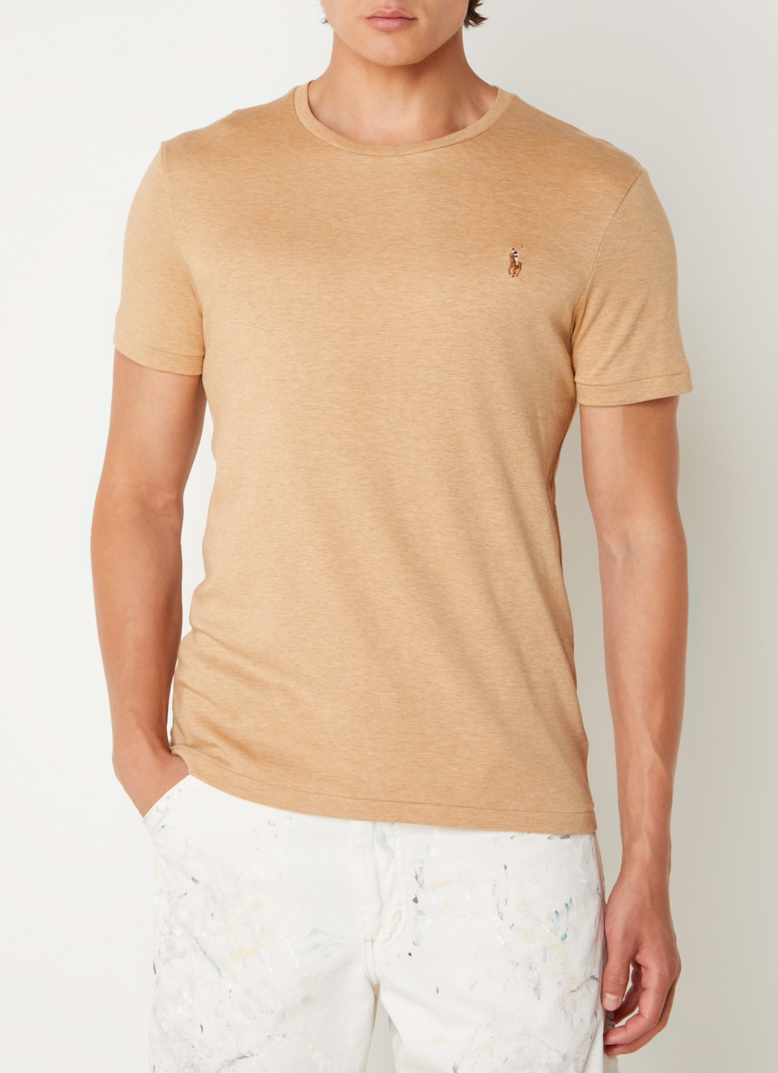 Ralph Lauren Custom slim fit T-shirt met ronde hals  - detail 4 classic camel heather