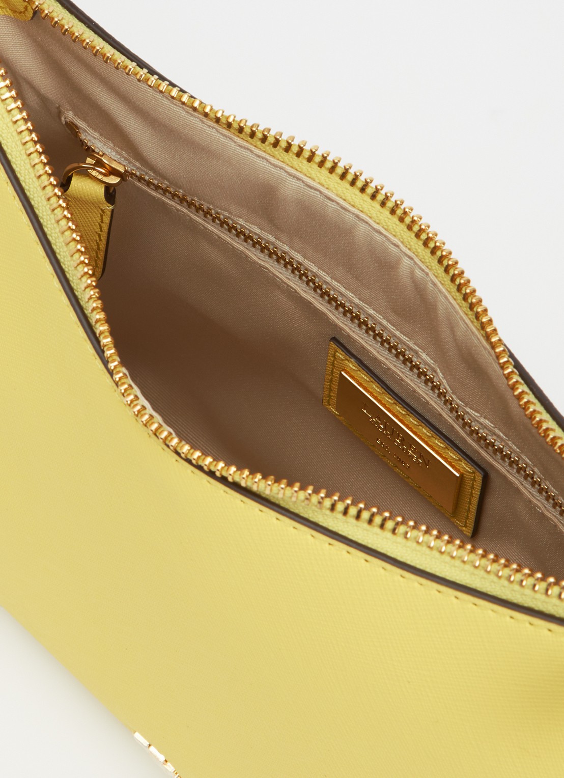 Ralph Lauren Danni M handtas van leer met afneembare schouderriem  - detail geel