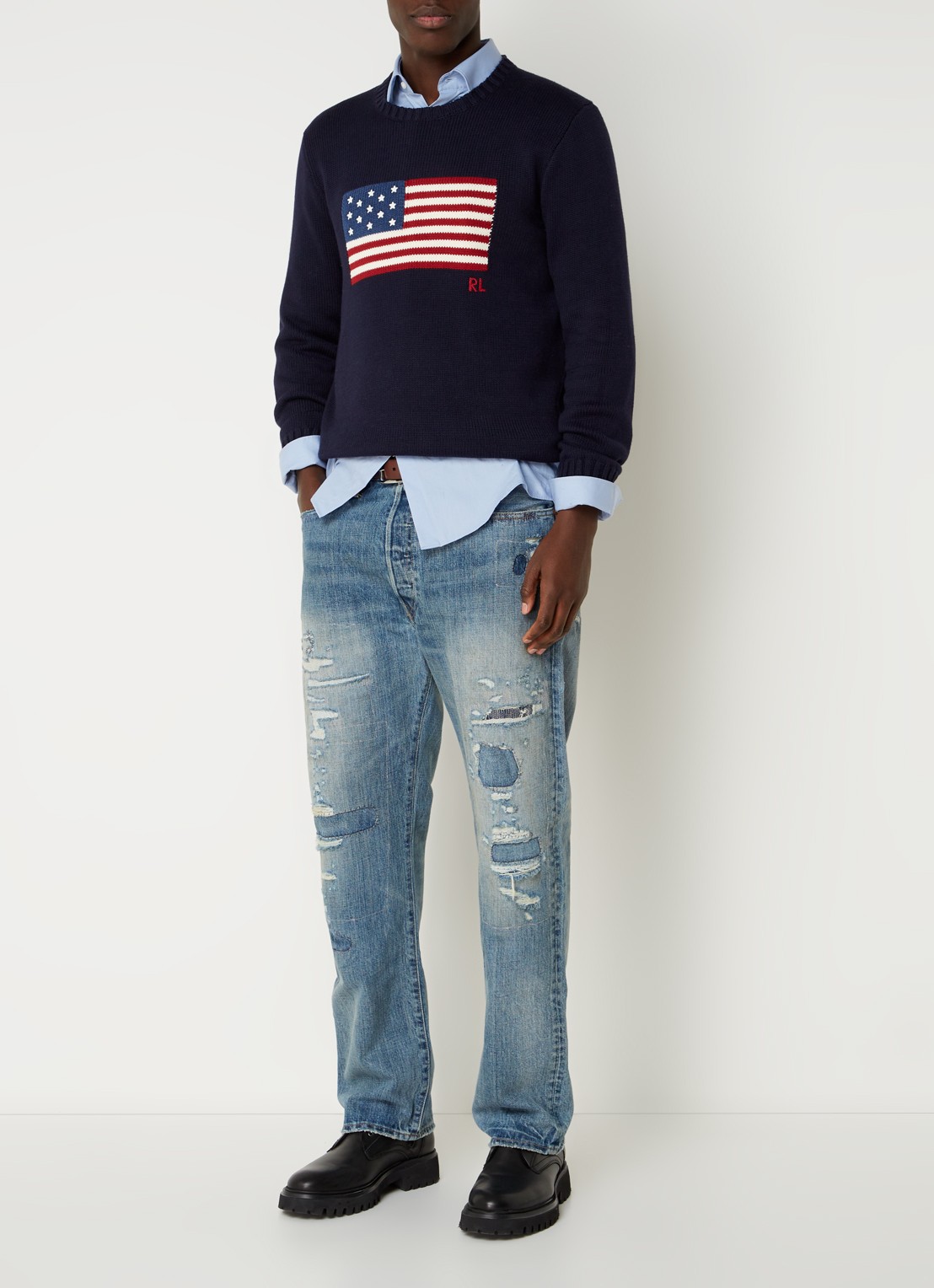 Ralph Lauren De iconische trui met vlag - voorkant hunter navy / donkerblauw