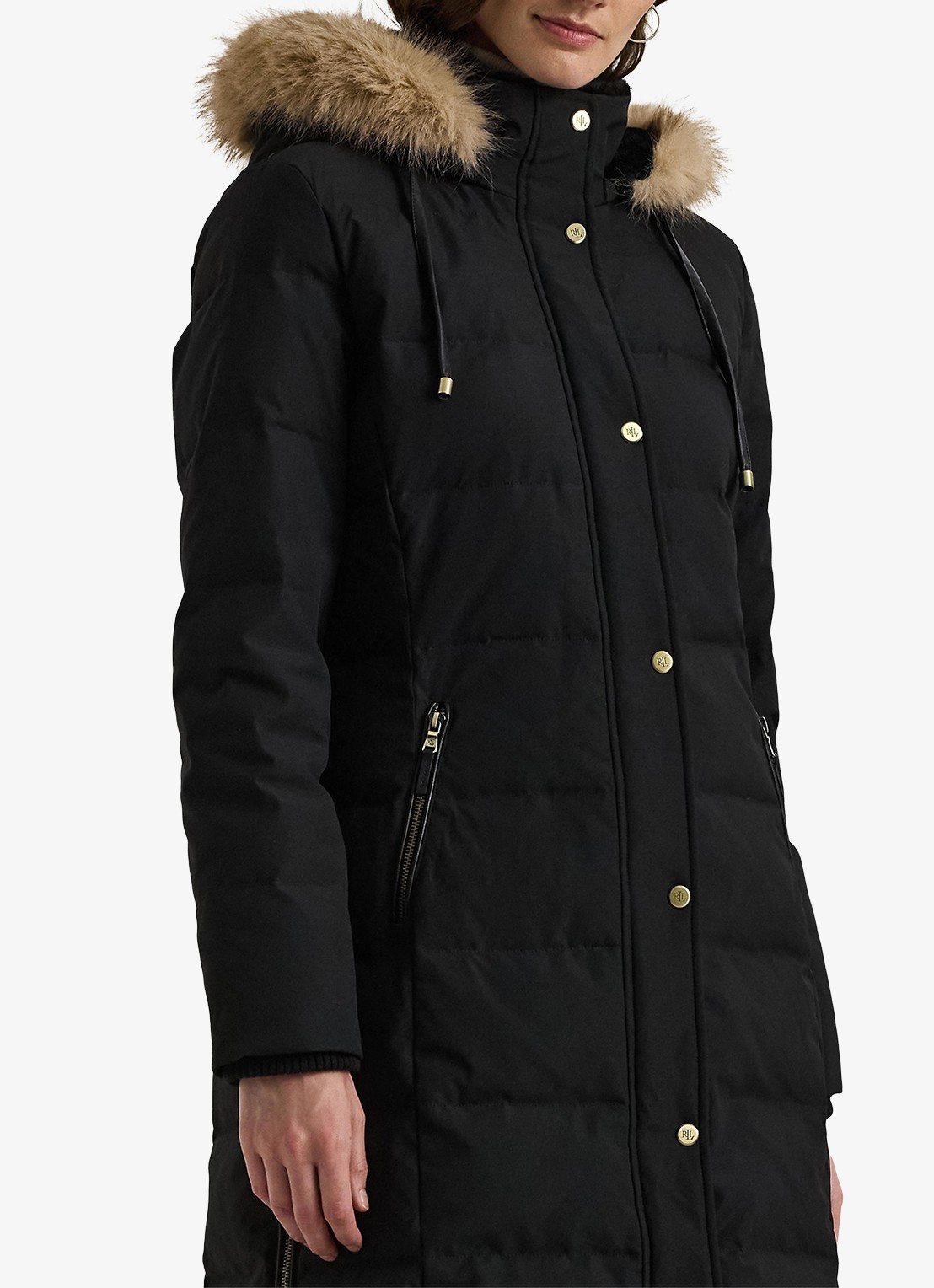 Ralph Lauren Donsjas met capuchon en imitatiebont - detail 3 zwart