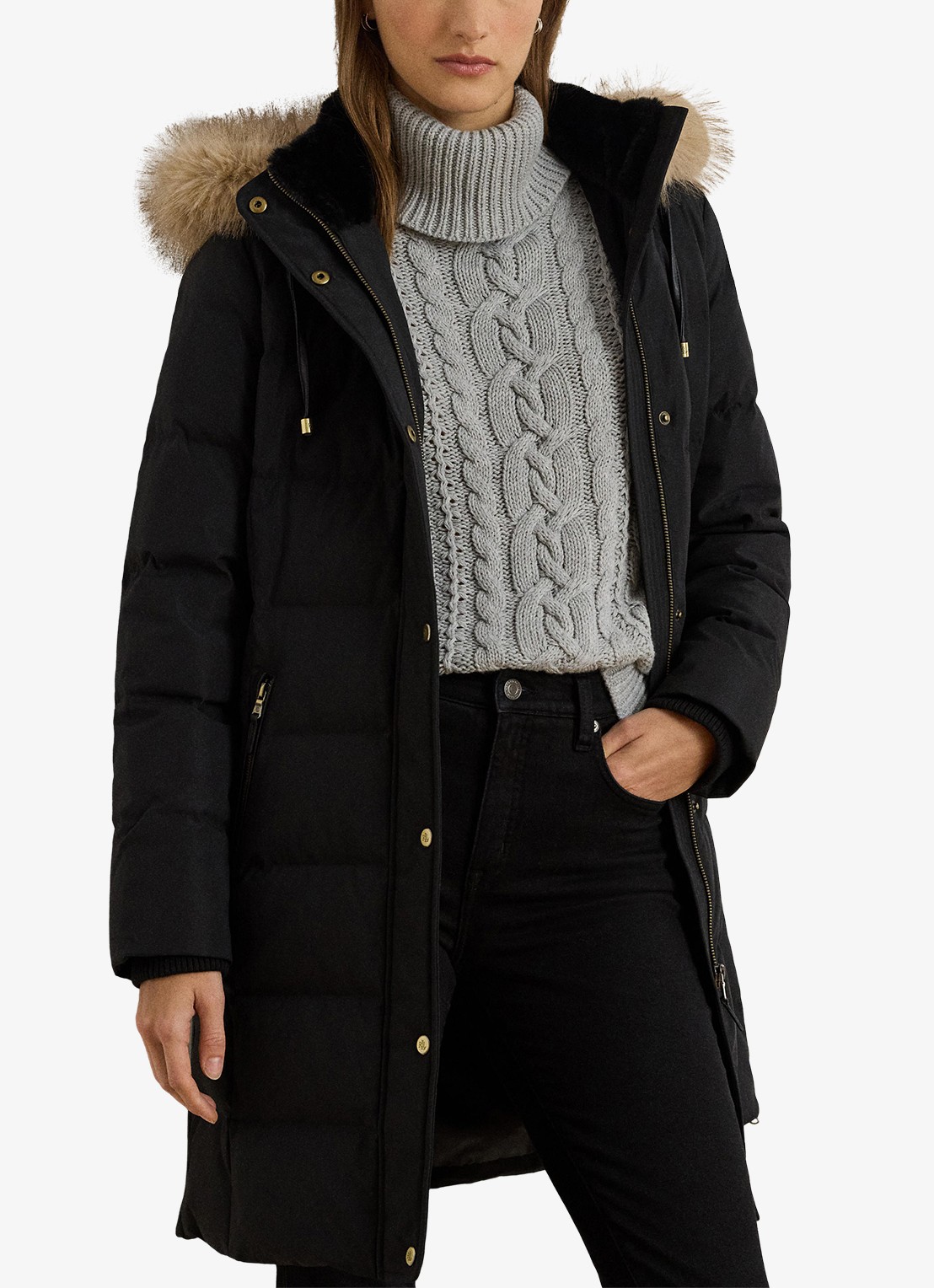Ralph Lauren Donsjas met capuchon en imitatiebont - detail zwart
