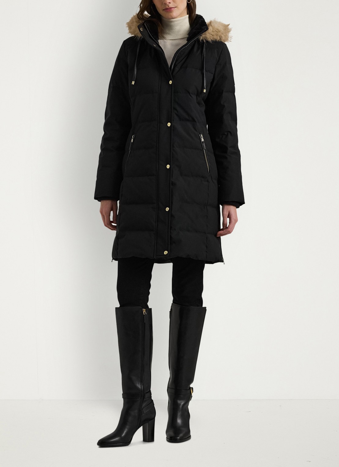 Ralph Lauren Donsjas met capuchon en imitatiebont - voorkant 7 zwart