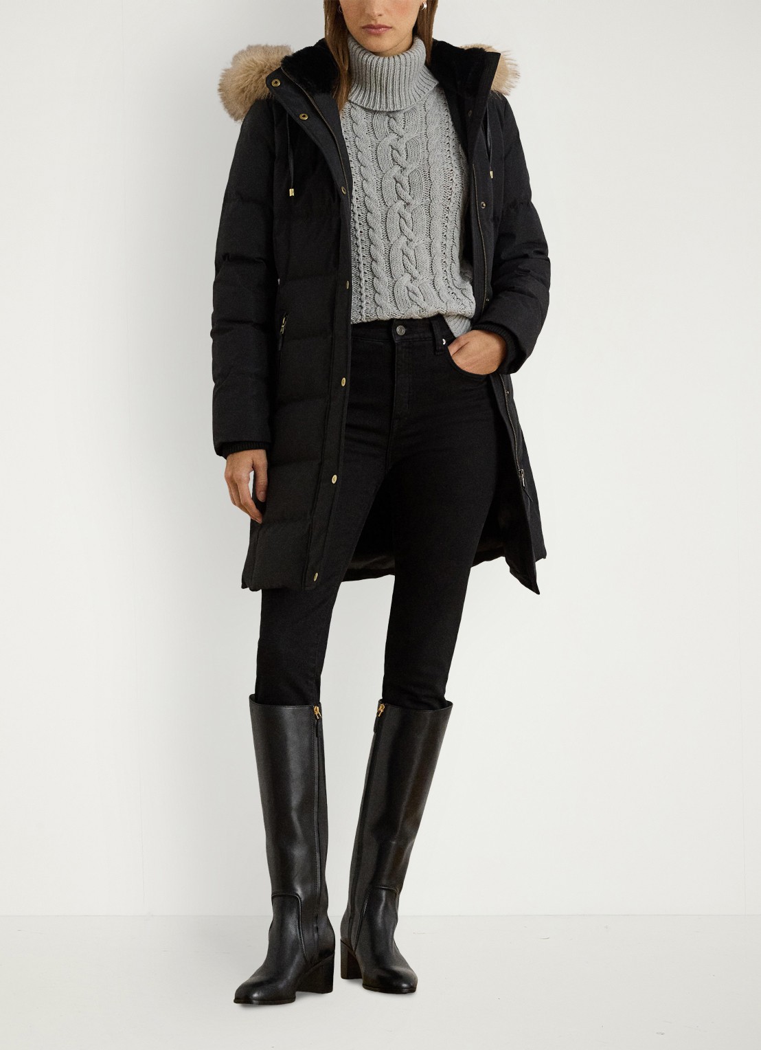 Ralph Lauren Donsjas met capuchon en imitatiebont - voorkant 4 zwart