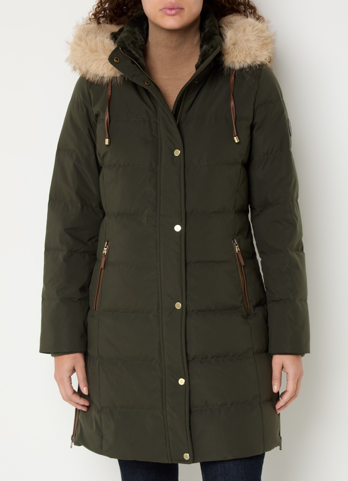 Ralph Lauren Donsjas met capuchon en imitatiebont - detail bronsgroen