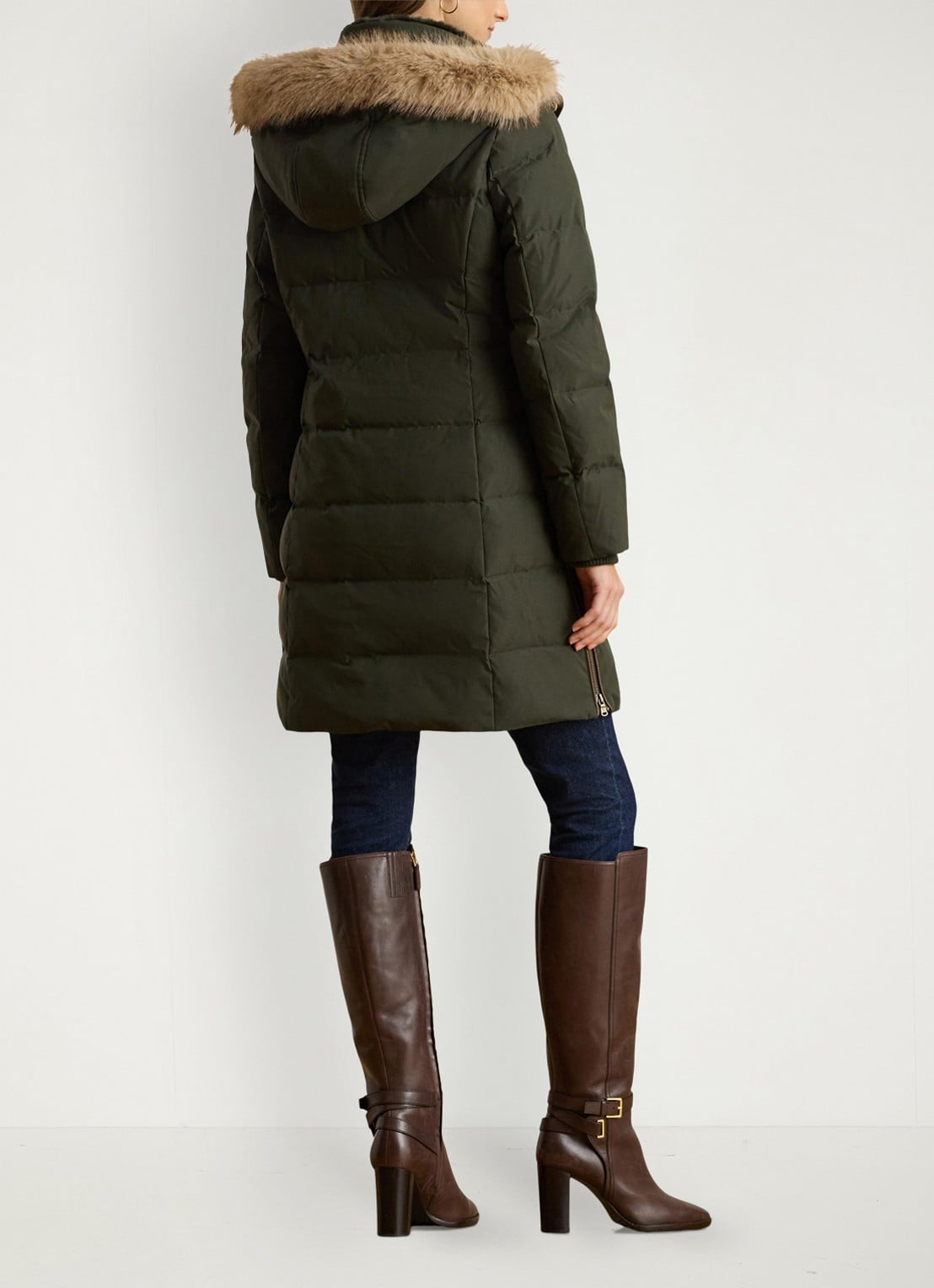 Ralph Lauren Donsjas met capuchon en imitatiebont - achterkant donkergroen