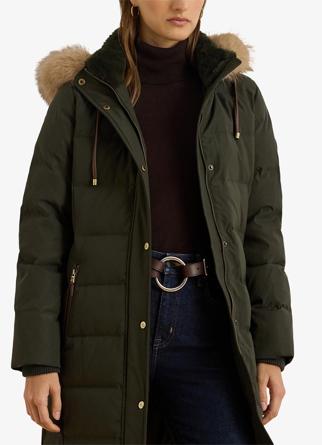 Ralph Lauren Donsjas met capuchon en imitatiebont - detail 4 donkergroen
