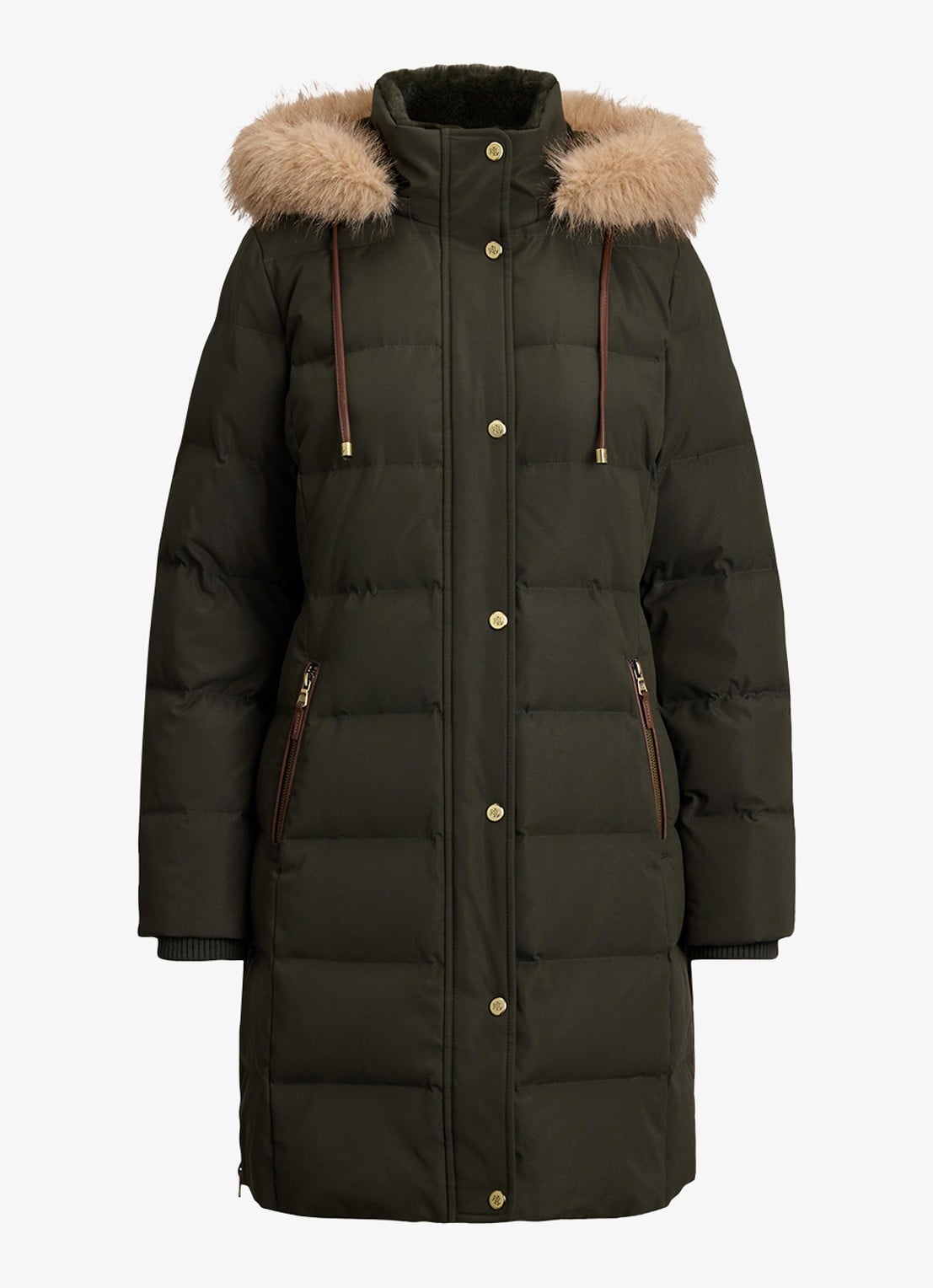 Ralph Lauren Donsjas met capuchon en imitatiebont - voorkant 2 donkergroen