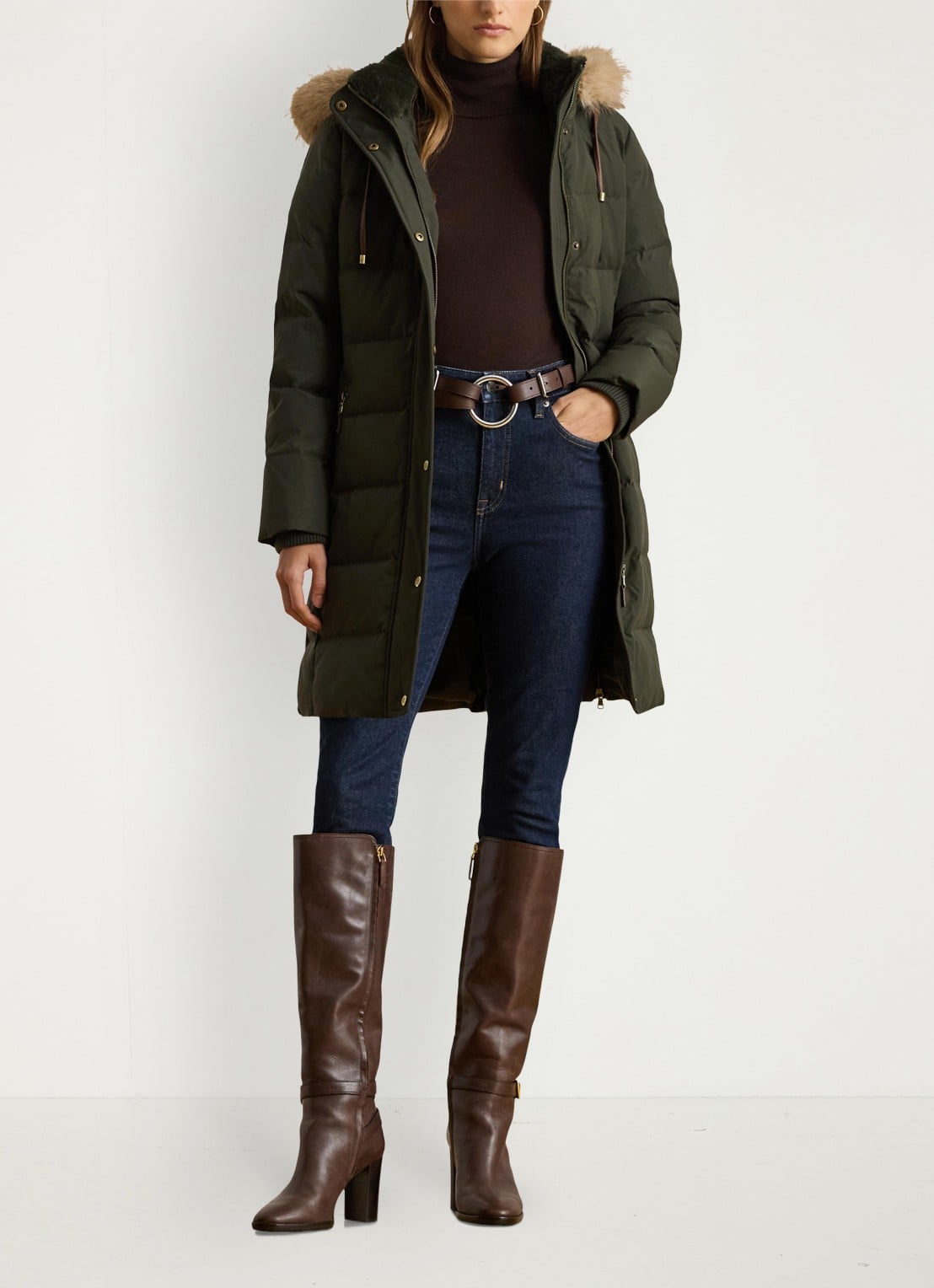 Ralph Lauren Donsjas met capuchon en imitatiebont - voorkant 3 donkergroen